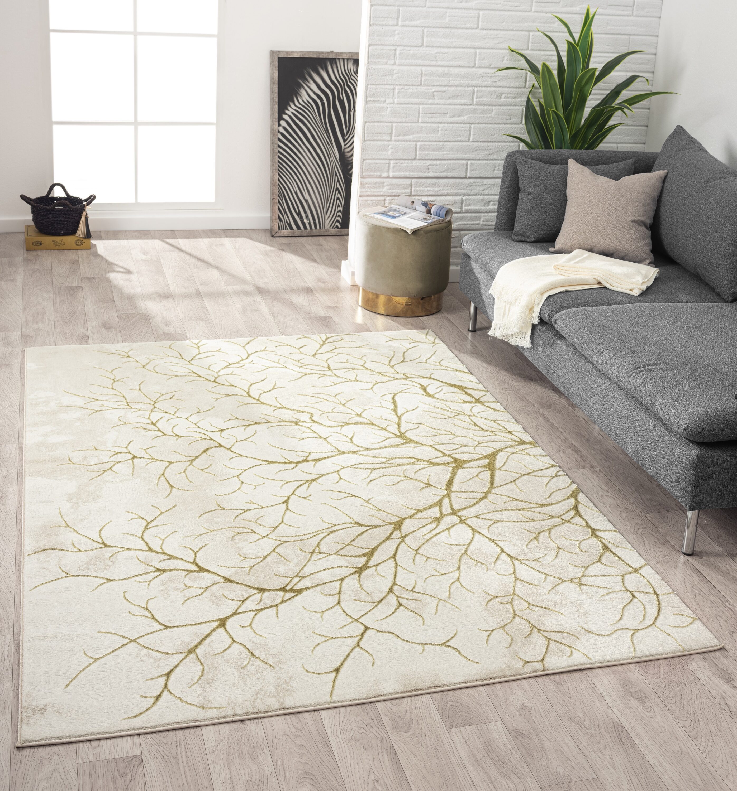Beige and Gold Abstract Synthetic Area Rug