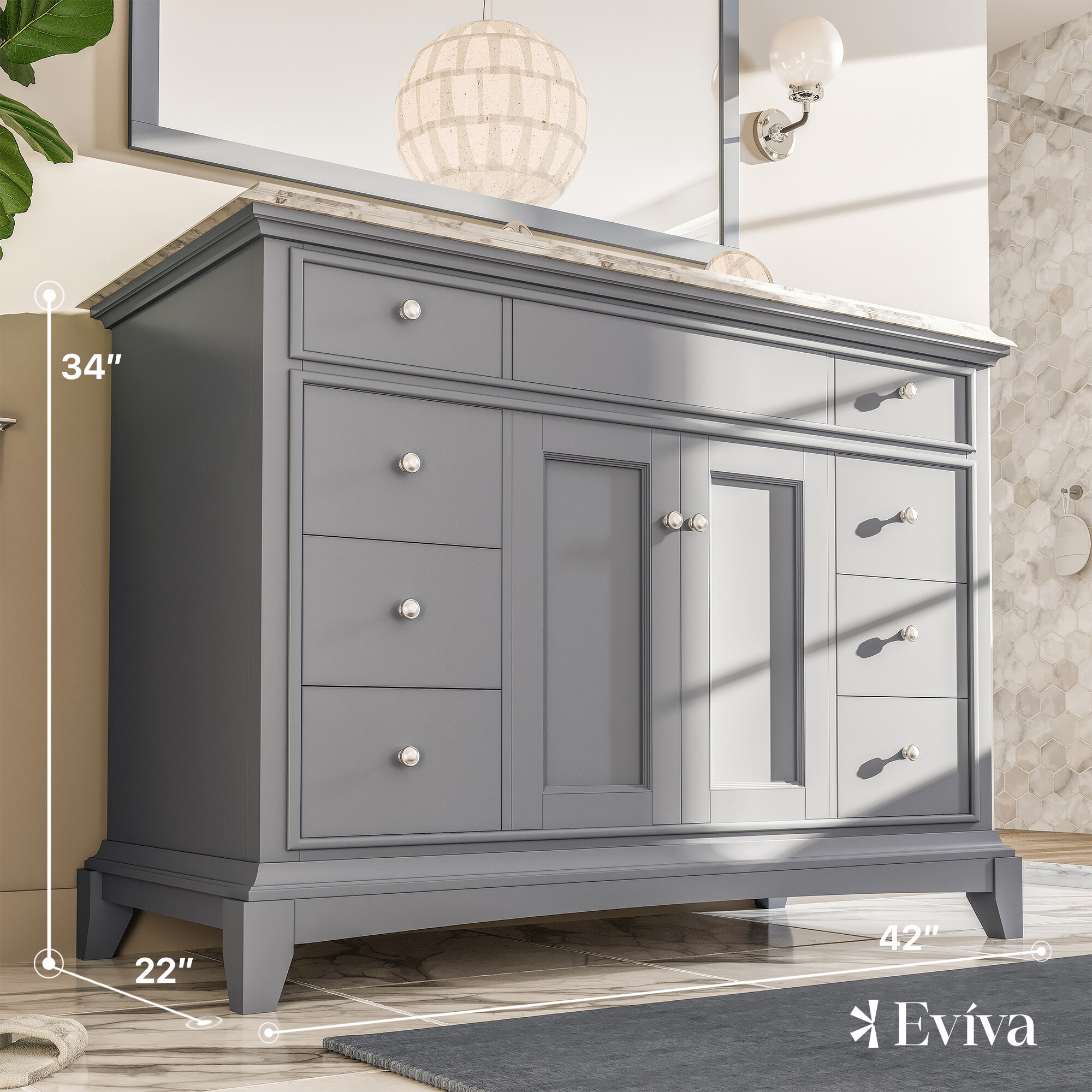 Eviva Elite Stamford 60 Gray Solid Wood Bathroom Vanity Set with Double OG  White Carrera Marble Top & White Undermount Porcelain Sinks