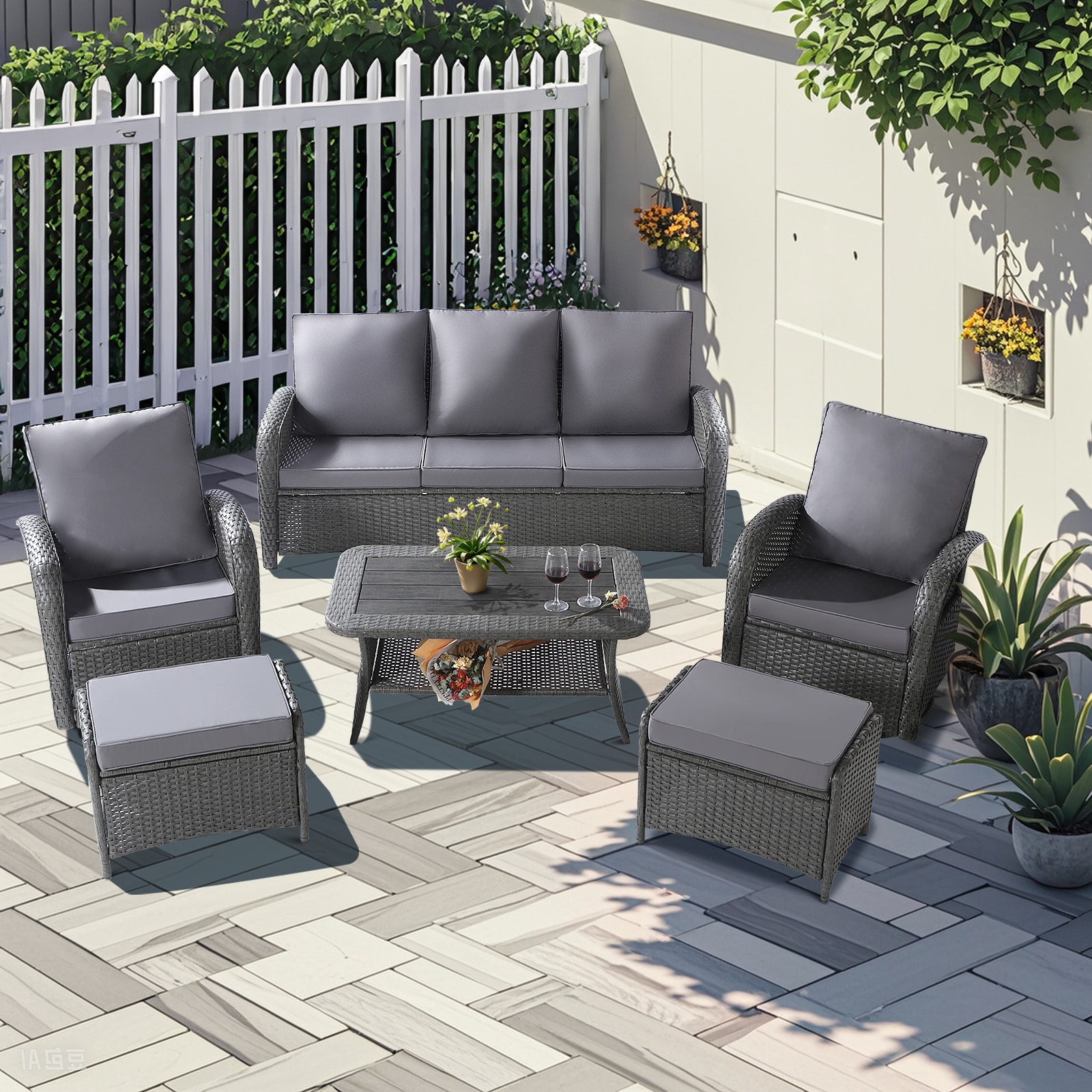 NOBLEMOOD LS-2031GR Patio Conversation Sets 6 -Piece Rattan Patio Sofa Conversation Set with Gray Cushions