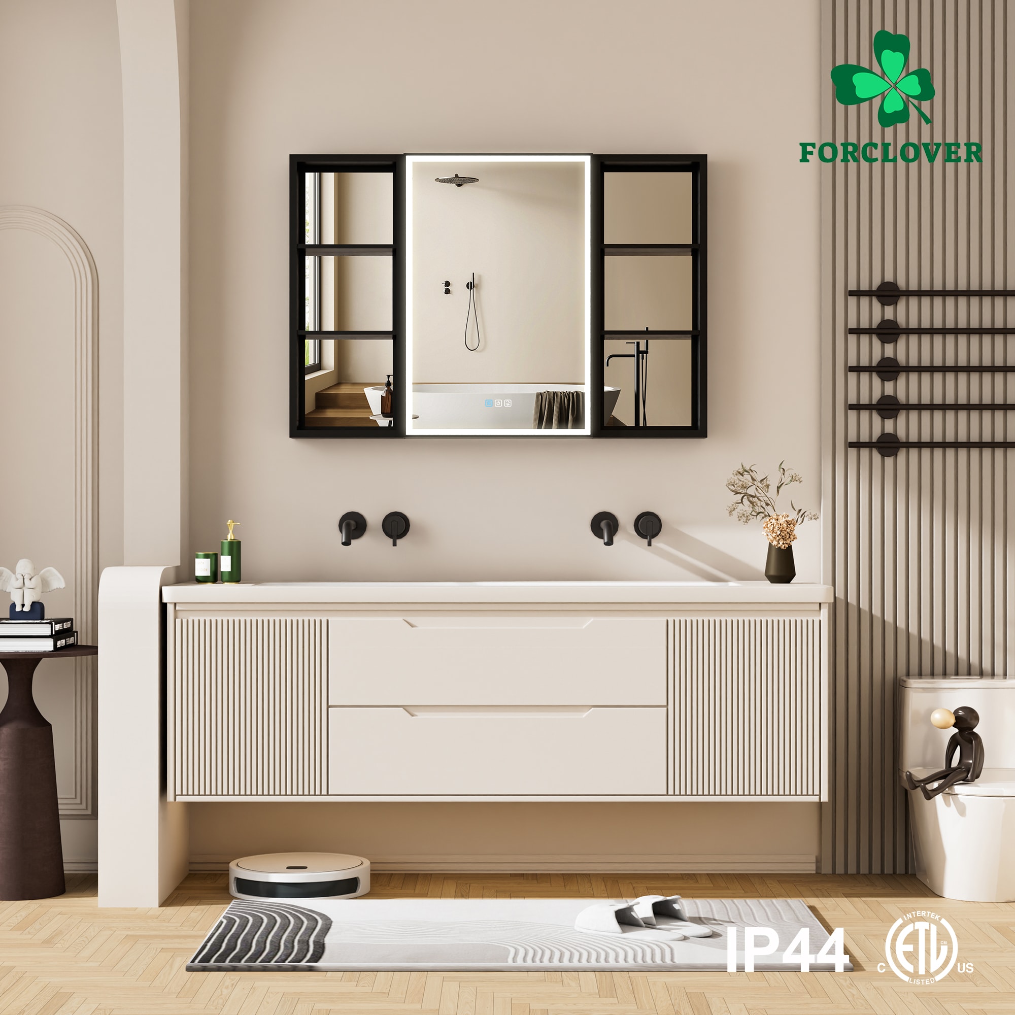 Forclover MEAM-12M4430R2MC 44-in x 30-in Lighted LED Fog Free Surface/Recessed Mount Black Mirrored Rectangle Soft Close Medicine Cabinet with Outlet