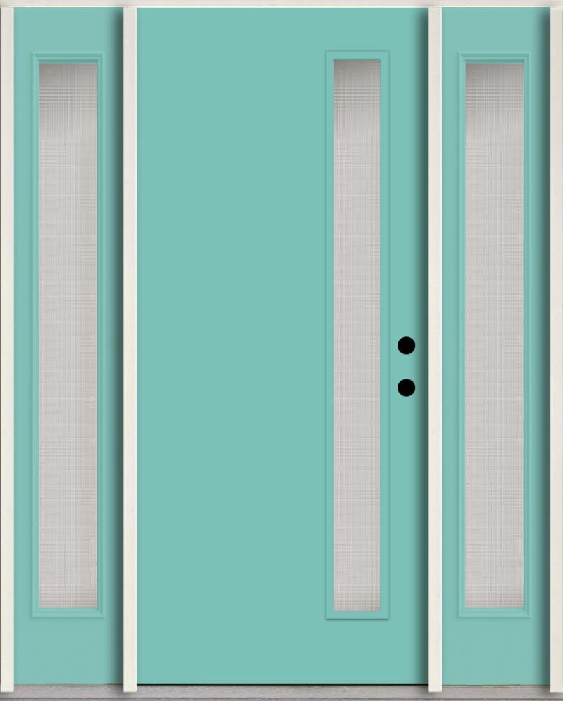 RELIABILT LO1065696 Spotlights 56-in x 80-in x 4-5/8-in Fiberglass 1/4 lite Left-hand inswing Caribbean Blue Paint Painted Prehung Front Door with Sidelights Insulating core