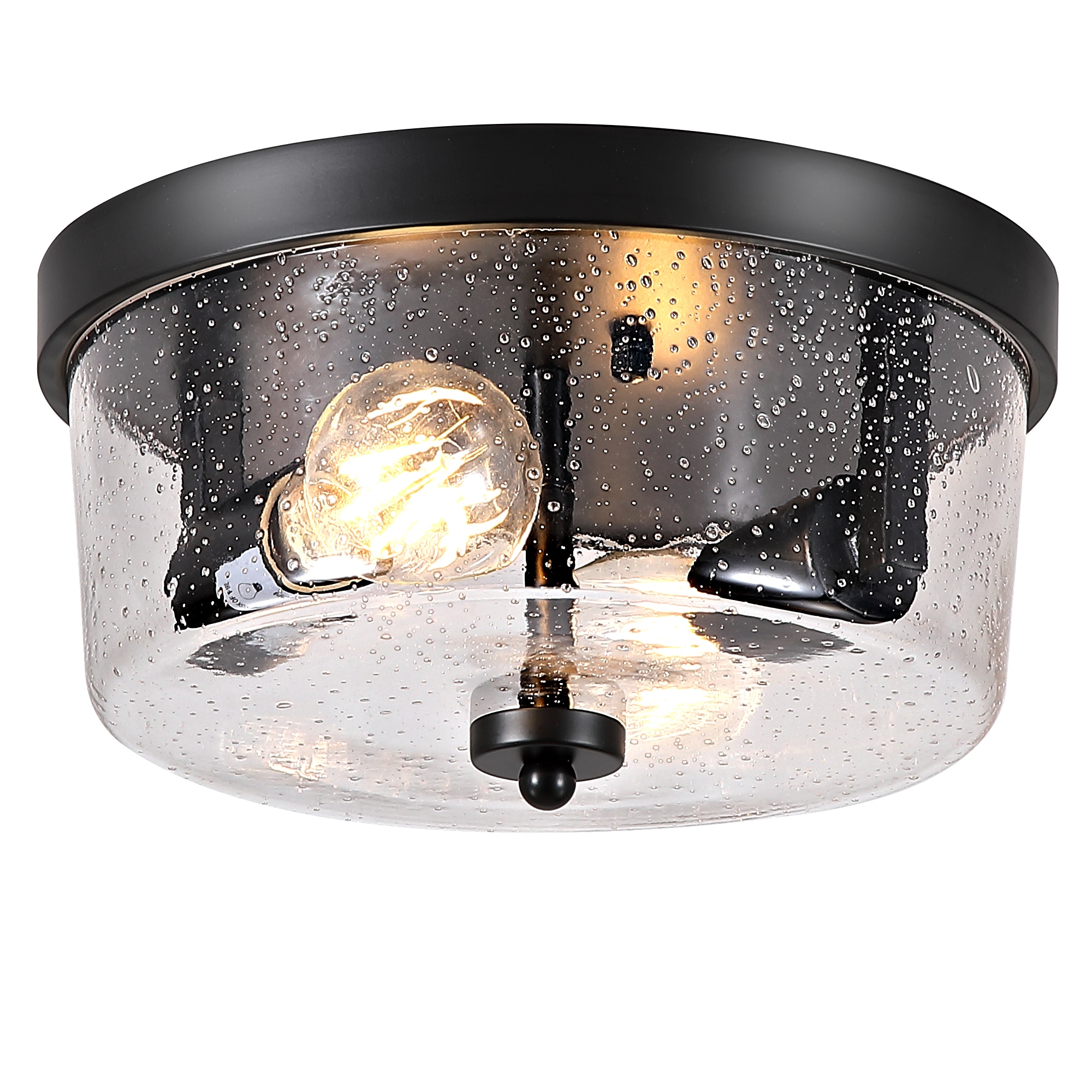 DAKAFUL 10.63 in. 2-Light Matte Black Flush Mount with Seeded Glass Drum Shade