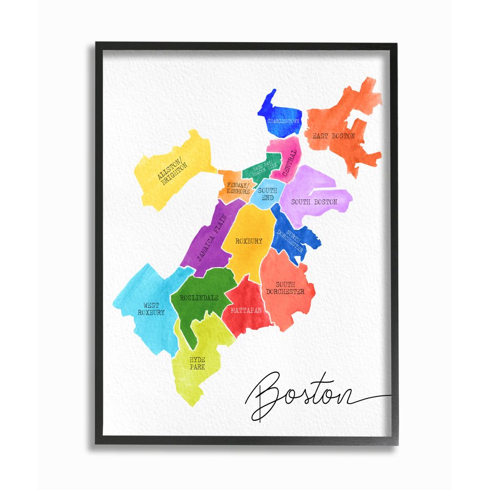 Stupell Industries AB-951-FR-16X20 Colorful Map of Boston Massachusetts by Neighborhood Daphne Polselli Black Framed Wood Framed 20-Inches H x 16-Inches W Cityscape Print