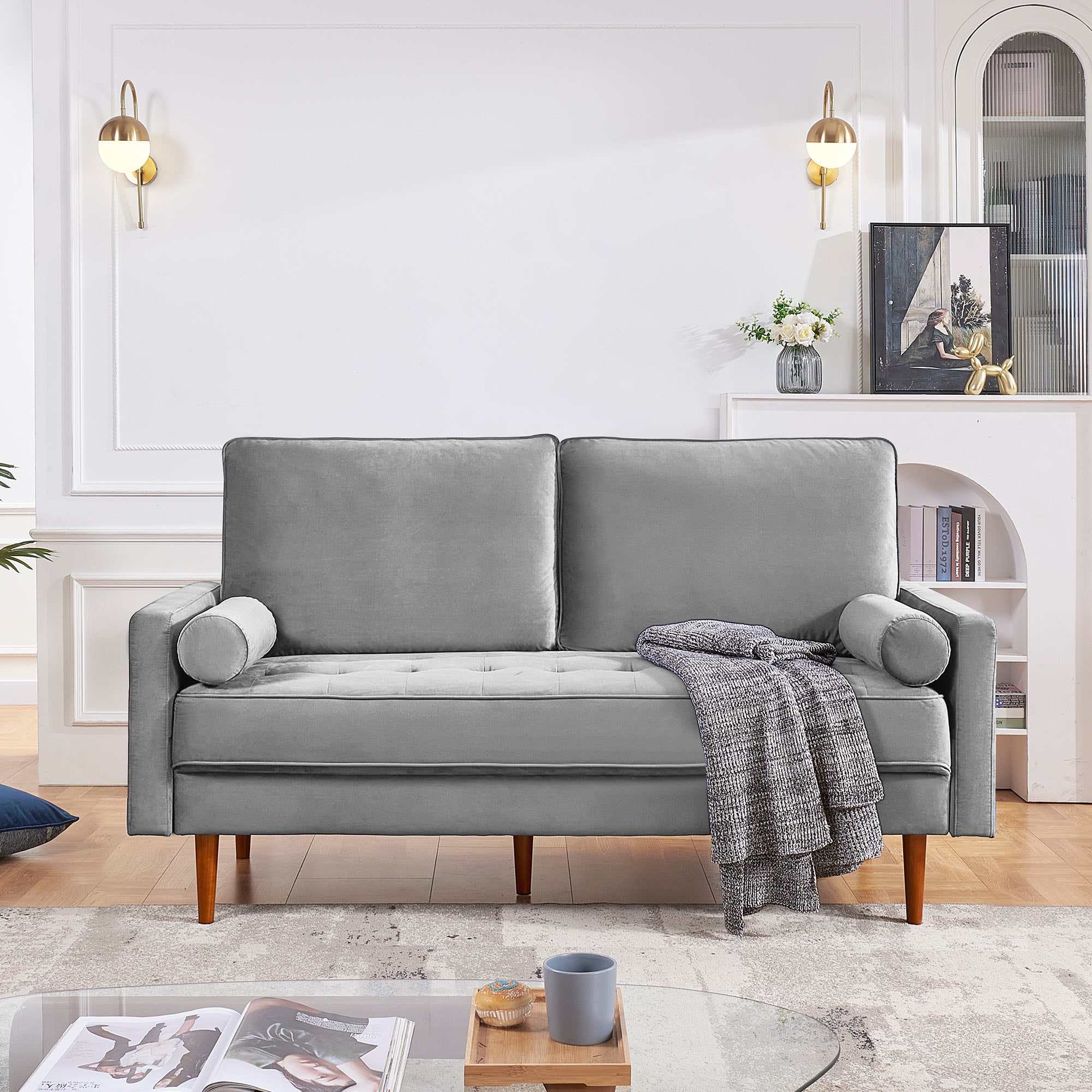 69 Inch Grey Velvet Sofa with Wood Legs and Bolster Pillows