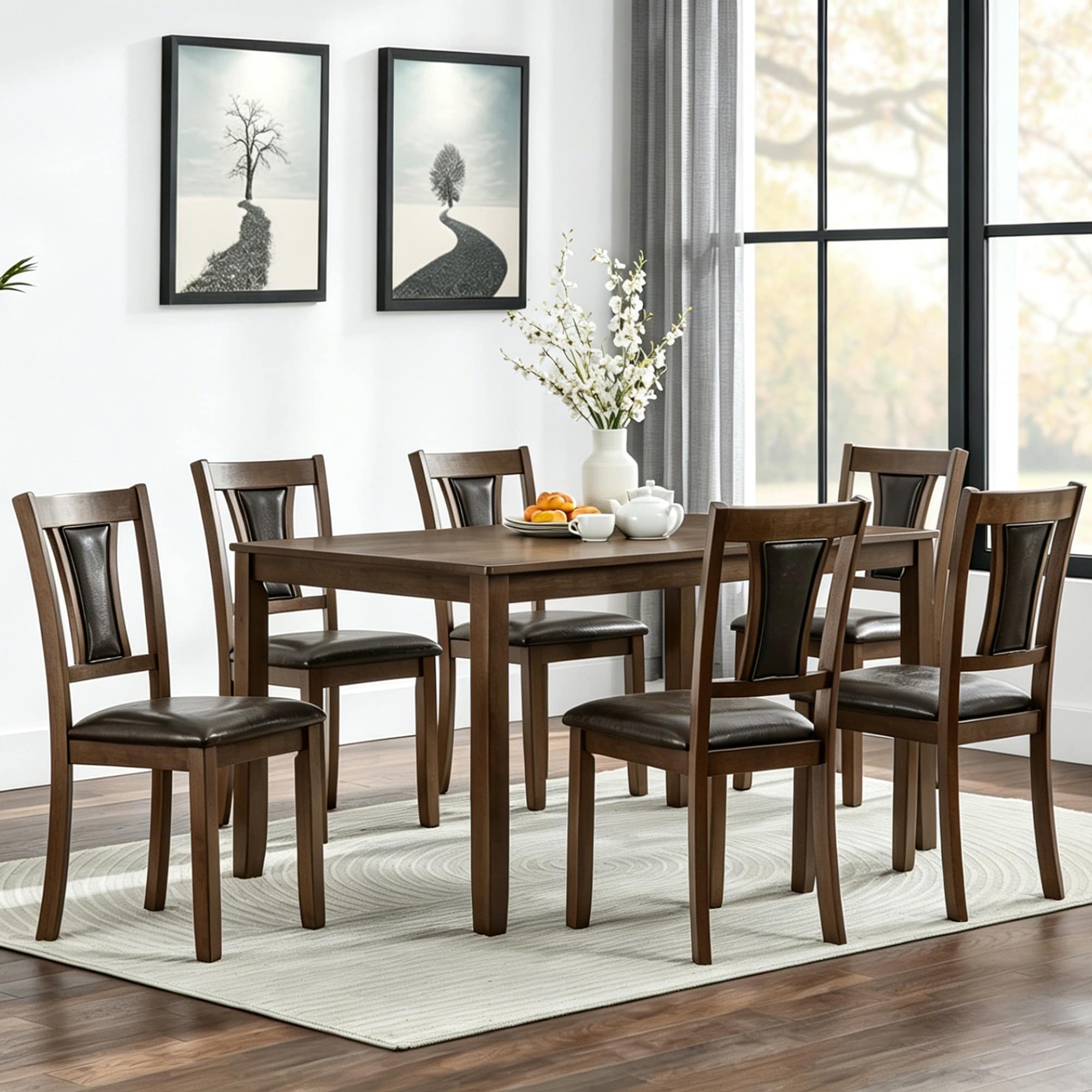 Clihome - Modern 7-Piece Dining Table Set with 6 Upholstered Chairs Brown Contemporary/Modern Din...