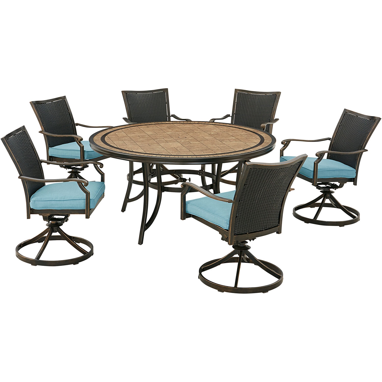 Hanover MONDNWB7PCSW6RDTLBLU Monaco 7-Piece Brown Patio Dining Set Aluminum Round Table with 6 Blue Cushions Swivel Rocker Chairs