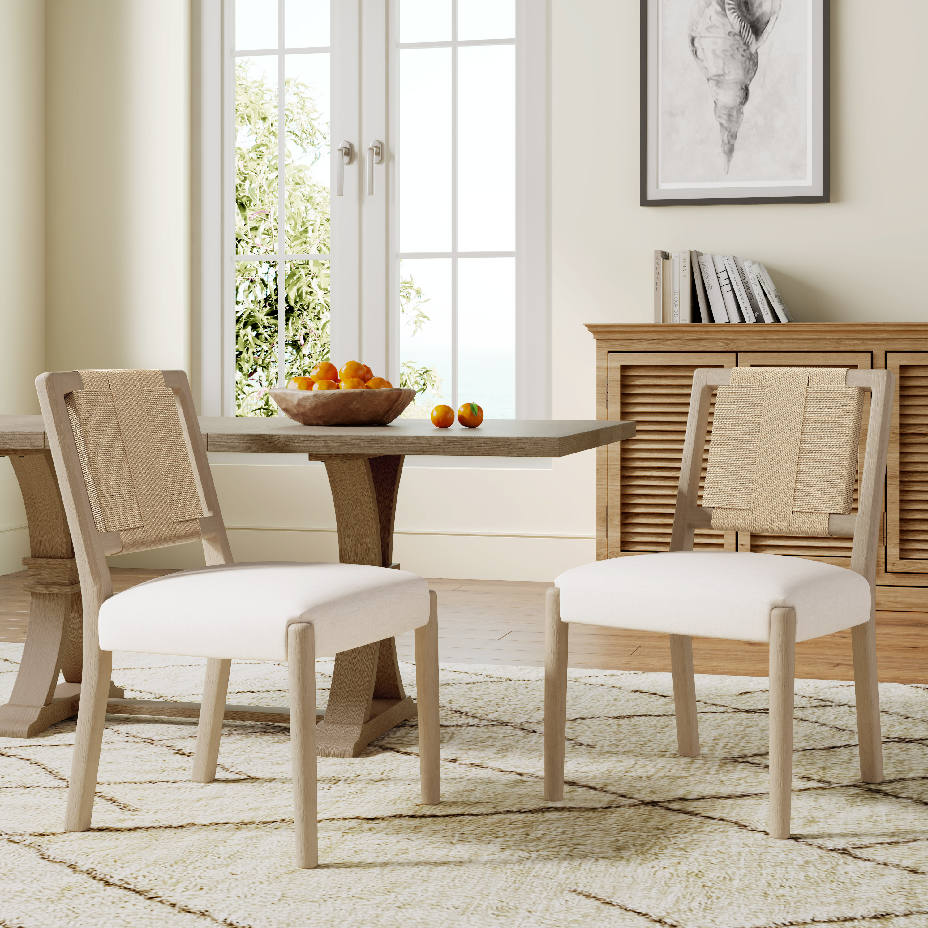 Christopher Knight Home Set of 2 Duff Upholstered Dining Chairs with Woven Rope Backrest in Light Ash and Beige
