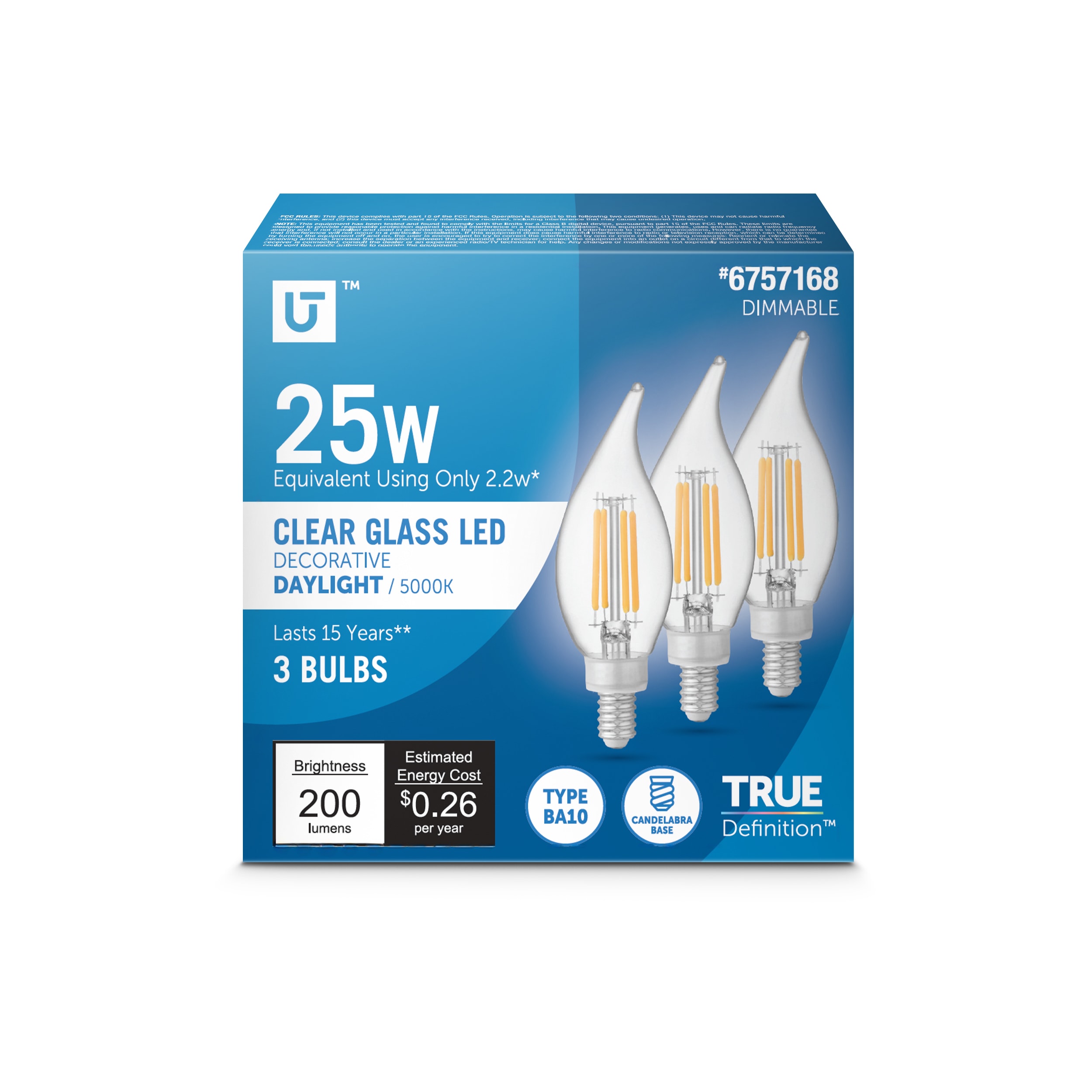 Utilitech LCFC25950CAFIL3 25 -Watt EQ B10 Daylight Screw bases Dimmable LED Decorative Light Bulb 3 -Pack
