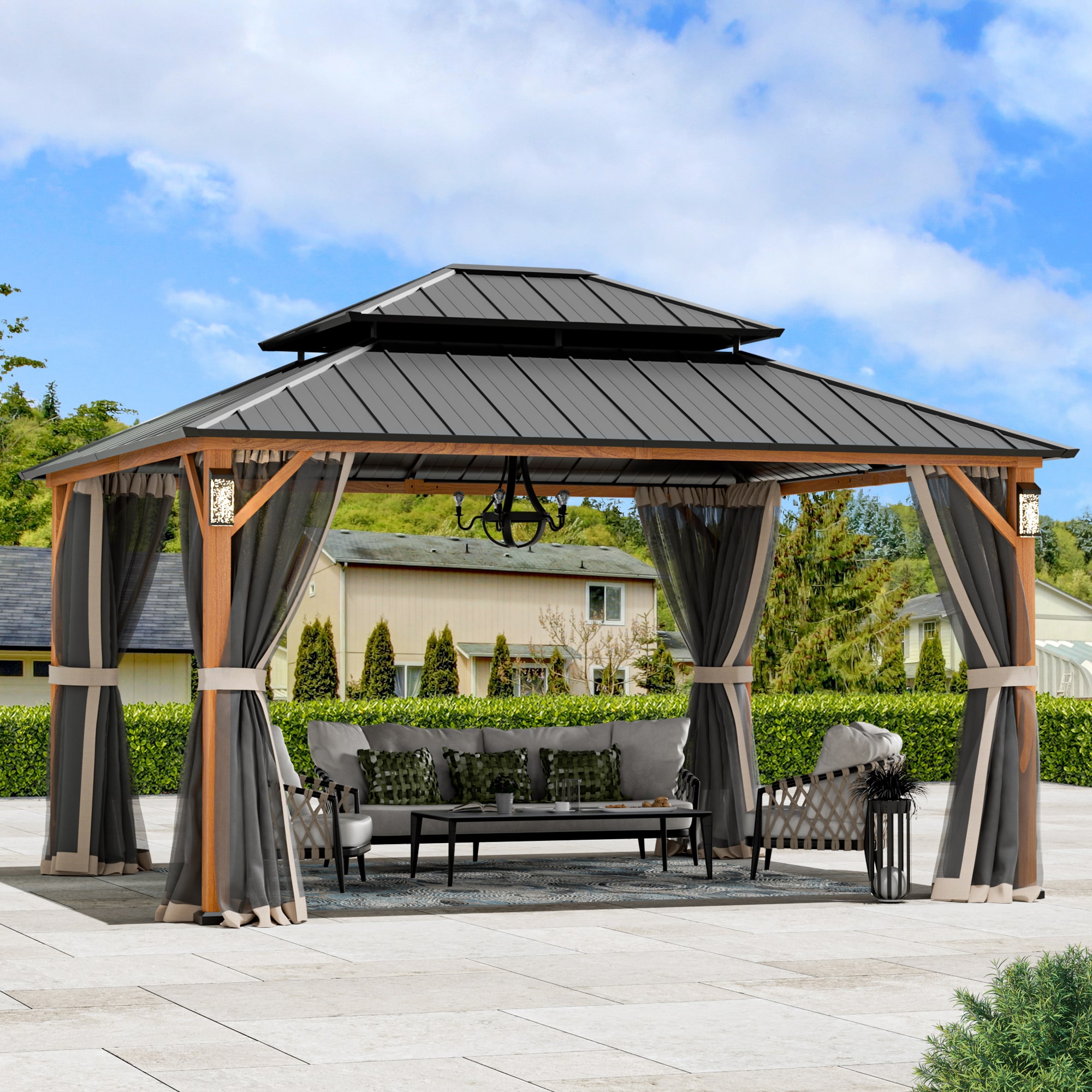 ELEVATE OUTDOORS IG10600148-1214-WLY 14-ft x 12-ft Solora Brown Gazebo with Hardtop Roof (Screen Included)