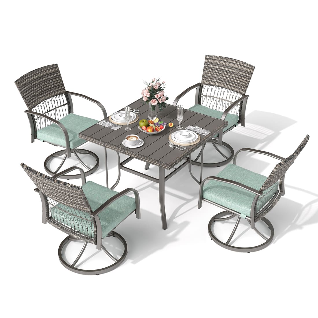  R1-TB-CZ-ZY-5JT-L Outdoor Dining Table with 4 Swivel Chairs (5 Pieces) Green