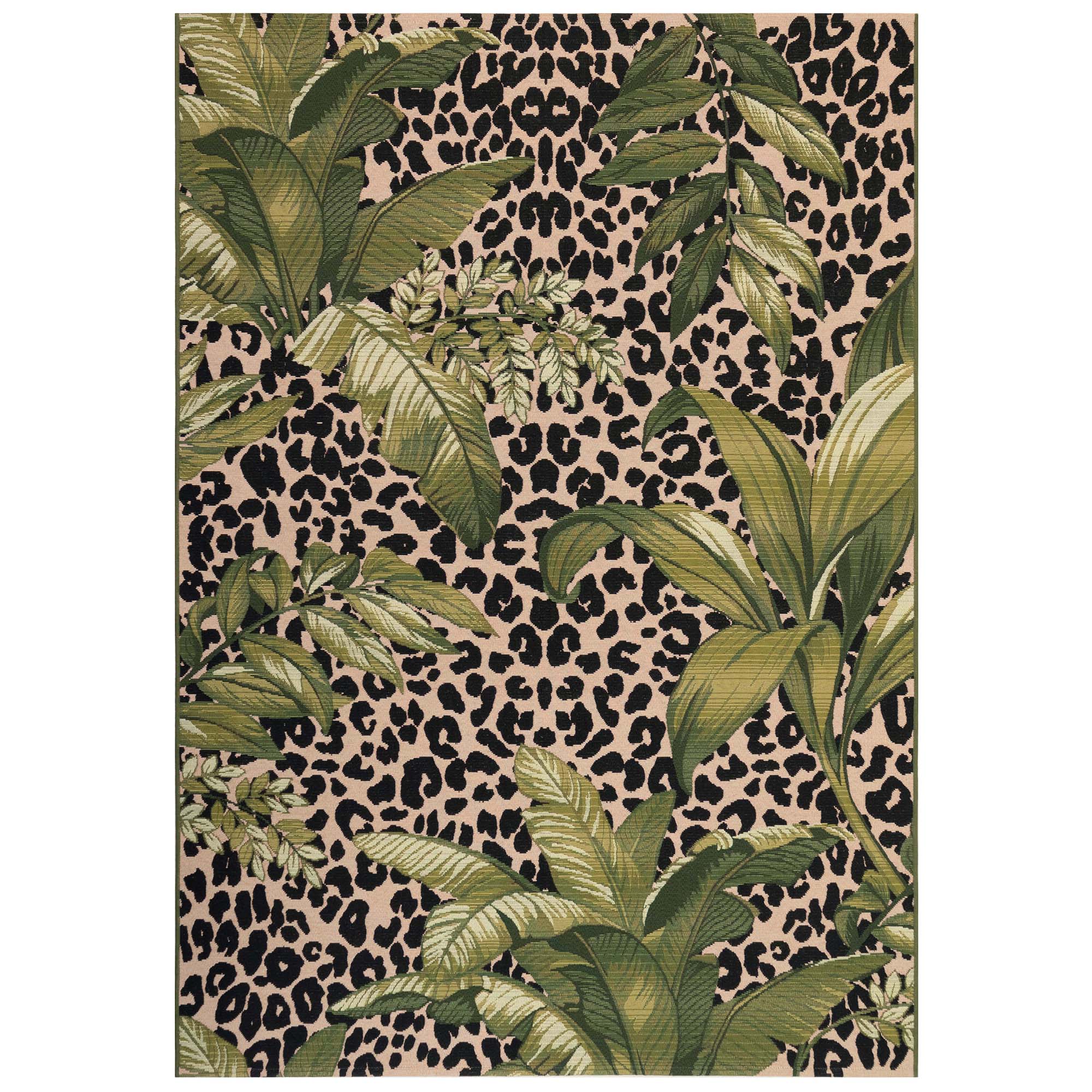 Round Black and Beige Tropical Leopard Print Indoor/Outdoor Rug