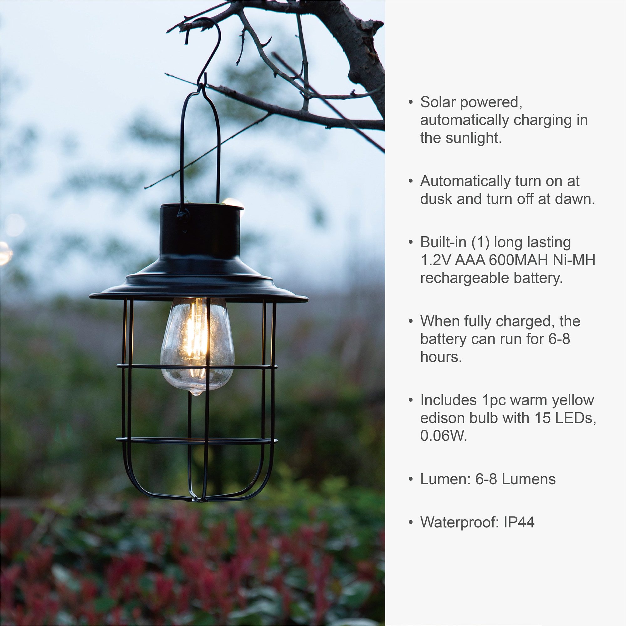Glitzhome 9.75 in H Black Metal Wire Solar Powered Outdoor Hanging Lantern