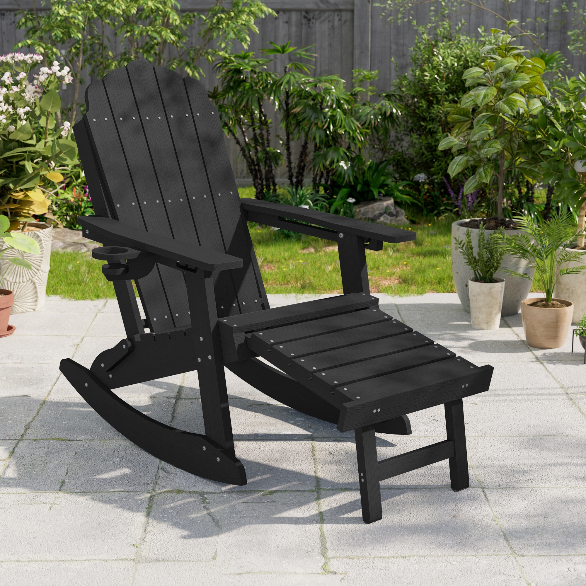 Rattaner - Folding Adirondack Rocking Chair with Retractable Ottoman and Cup Holder; Weather Resi...