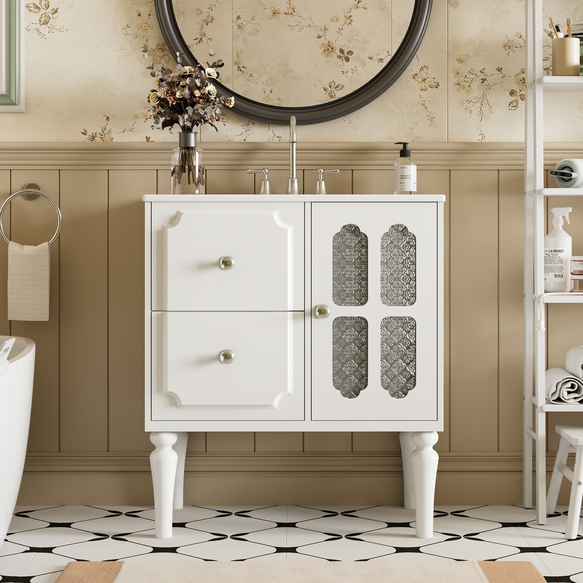 ModernLuxe L3P-N710P195635K Retro Style 30inch Bathroom Vanity with Ceramic Sink Combo Freestanding Single Vanity with 2 Drawers Solid Wood Frame Bathroom Storage Cabinet White