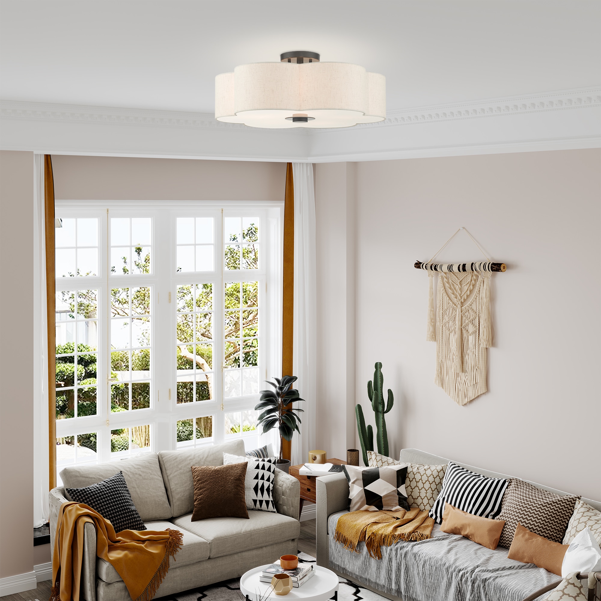 Solstice English Bronze 5-Light Semi-Flush Mount with Oatmeal Shade