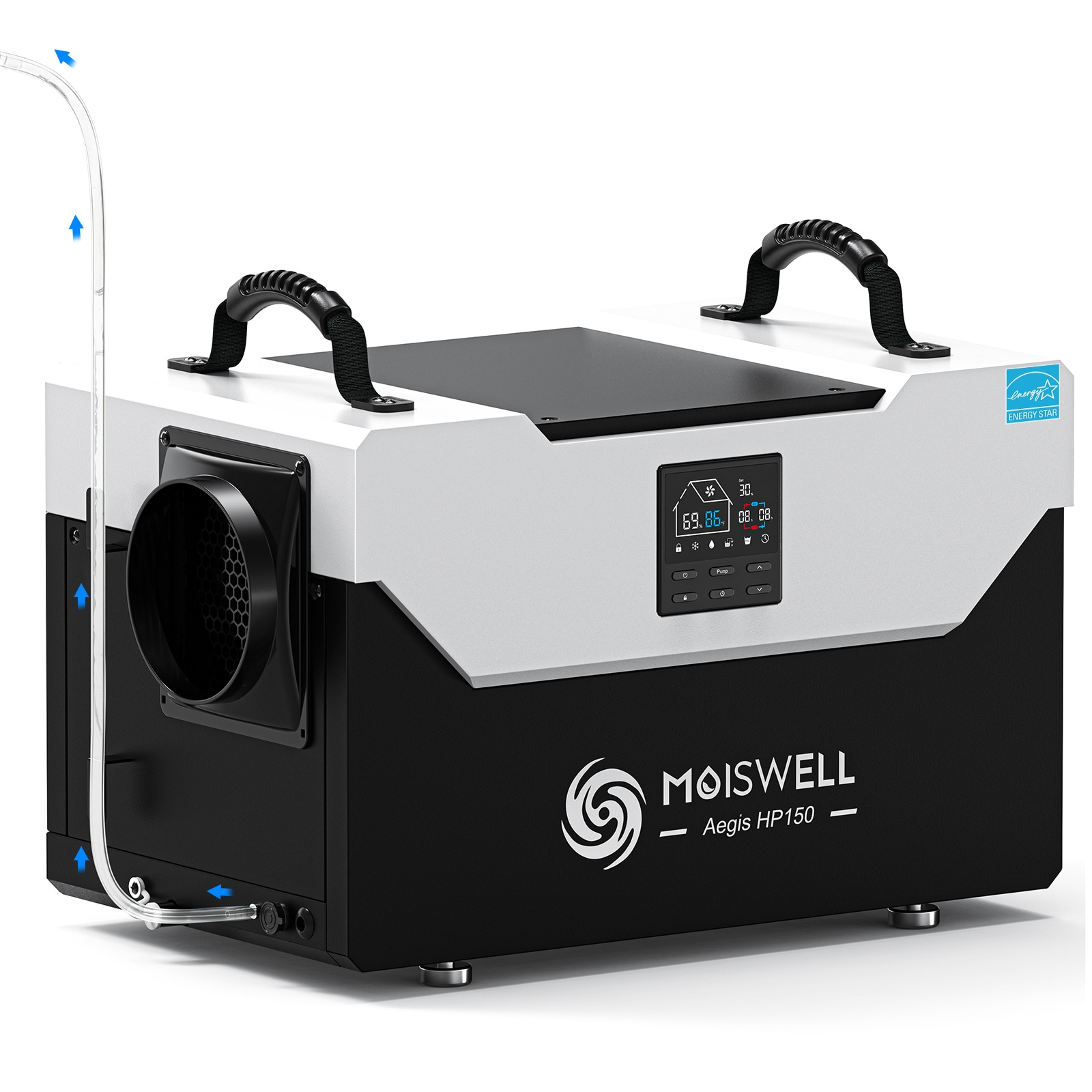 Moiswell 155 Pints Commercial Dehumidifier with Pump for Crawl Space Energy Star Efficient with Cycle Timer Industrial Water Damage Unit for Up to 6500 Sq Ft Large Basement Auto Defrost Auto Restart #AEGIS HP150