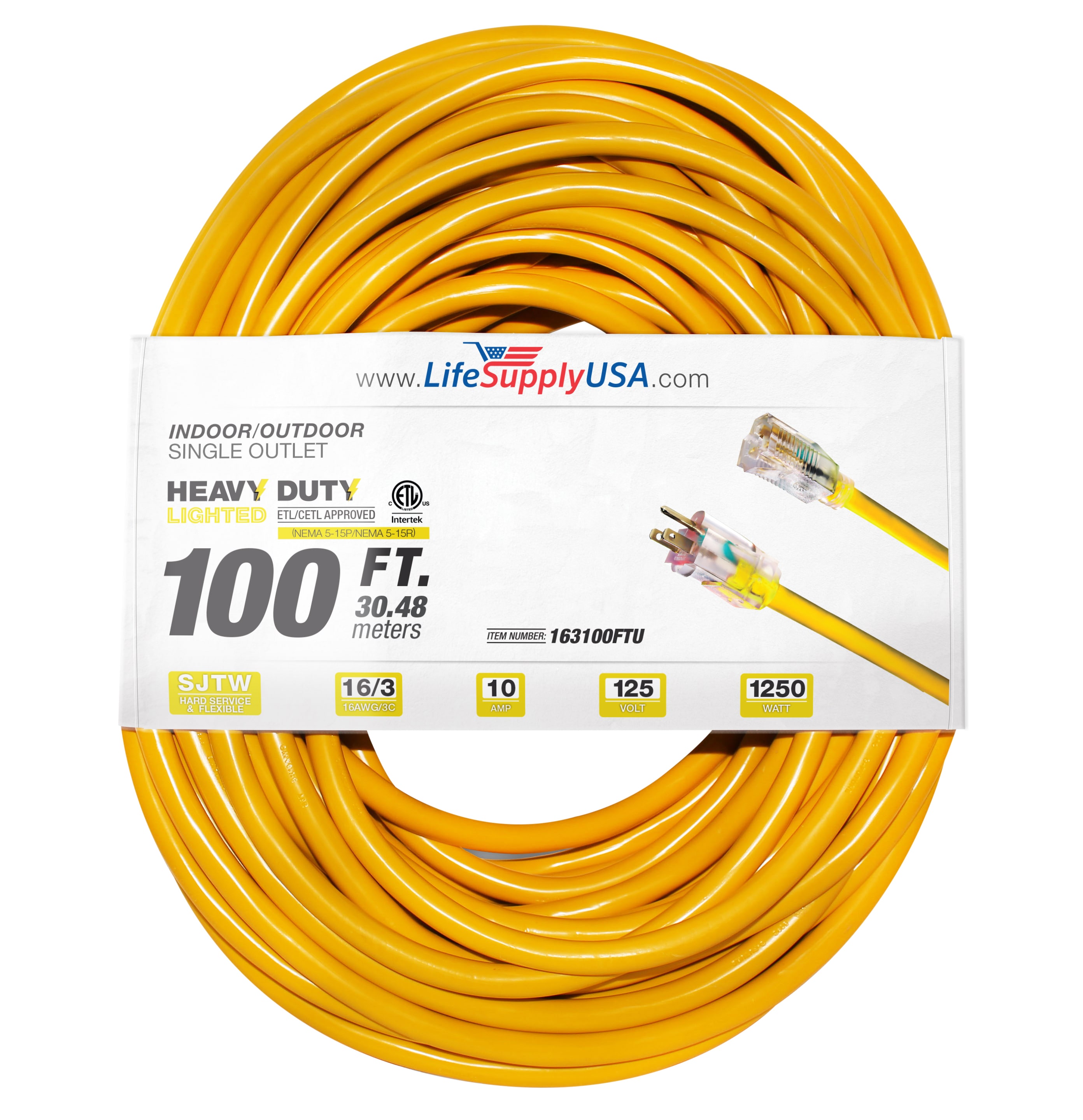 LifeSupplyUSA 100-ft 16/3-Prong Indoor/Outdoor Sjtw Heavy Duty Lighted Extension  Cord in the Extension Cords department at