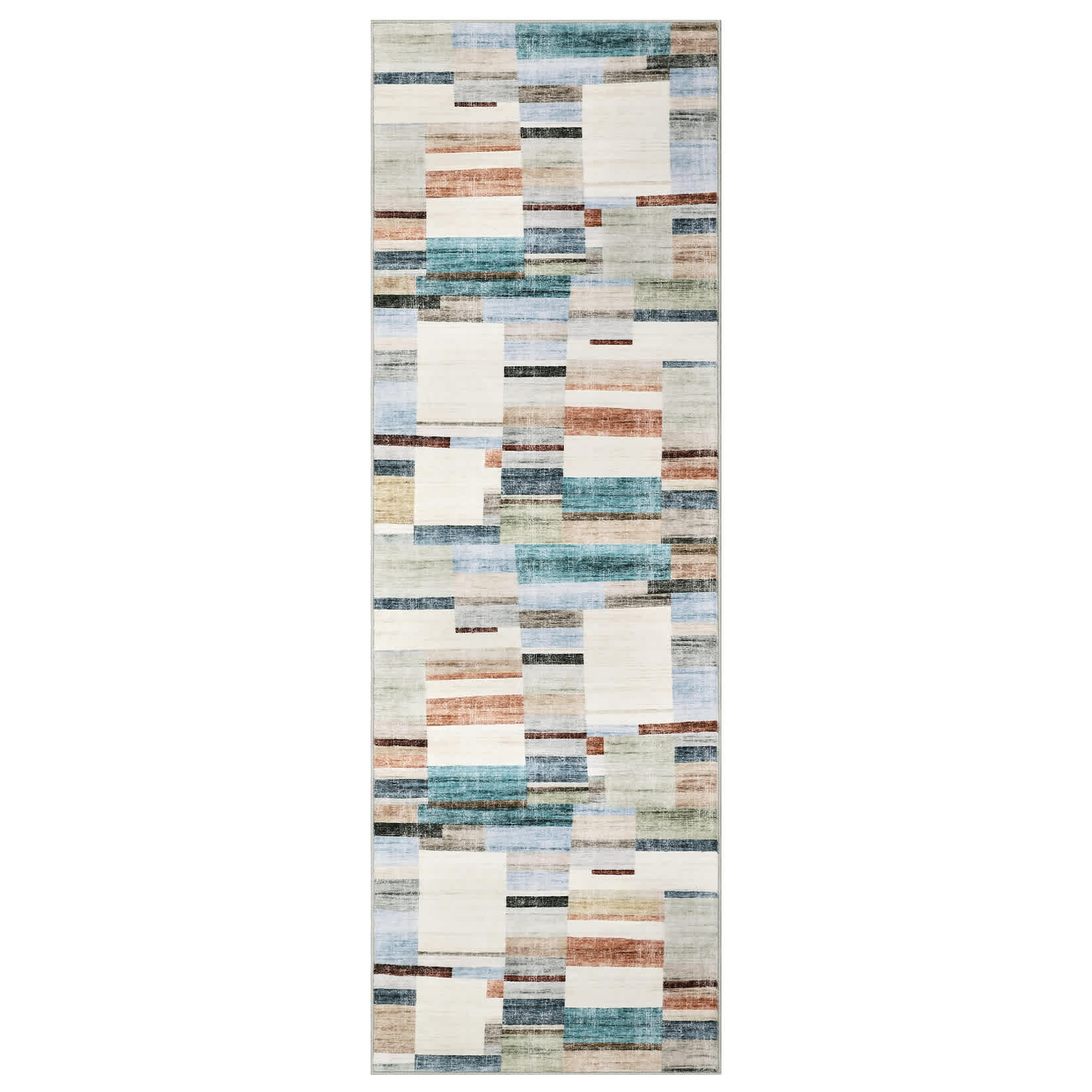Qeetex SUNNY-PHK-353JPPVW 2 x 6 ft Polyester Multi Color Rectangular Kitchen Hallway Laundry Bathroom Geometric Patchwork Modern Farmhouse Machine Washable Runner Rug