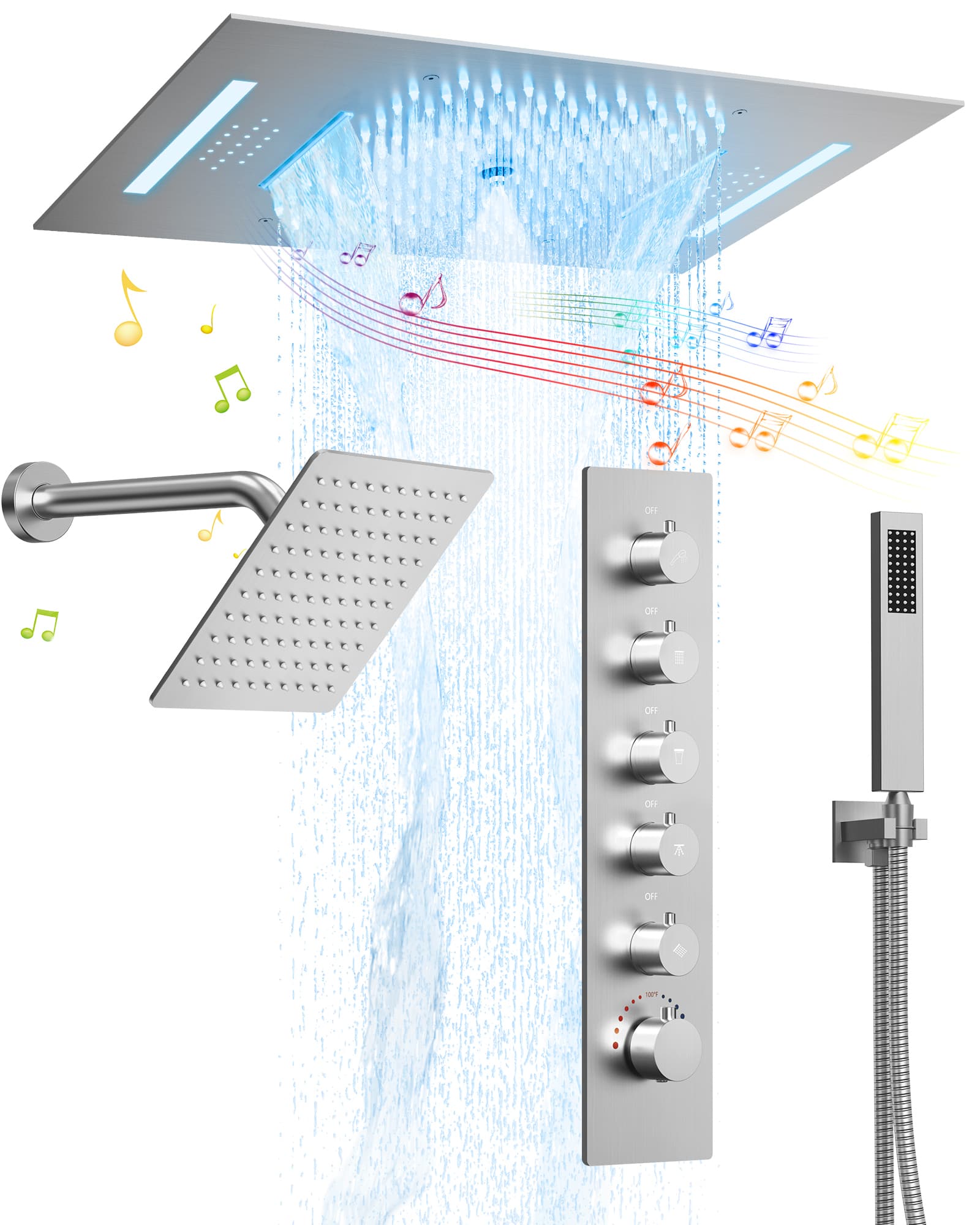 EVERSTEIN SFS-1051-NK 31-Spray LED 23L X 15W in. and 10 in. Ceiling Mount Fixed Shower Head with handheld with Music in Brushed Nickel