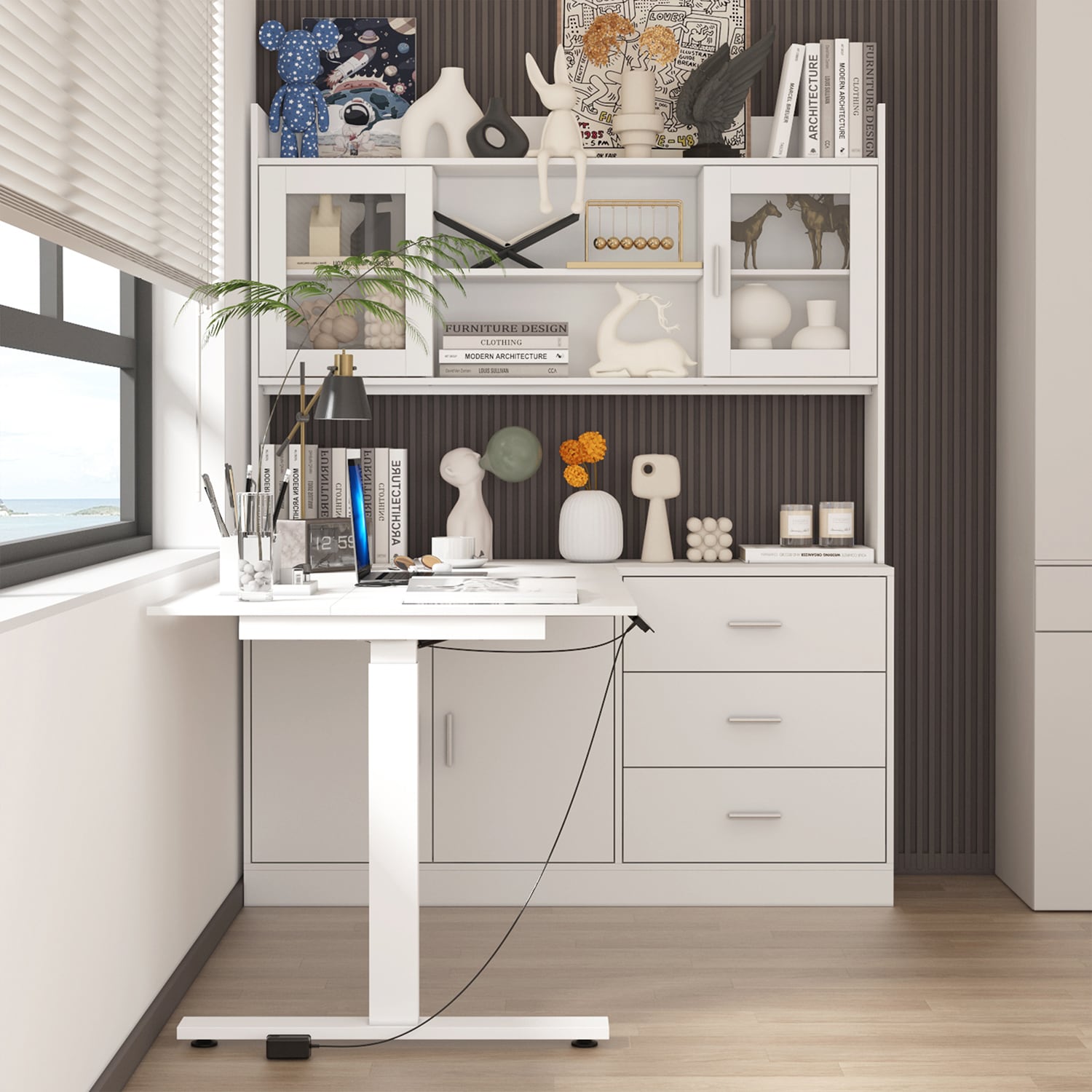 FUFU&GAGA 70.9 in. W Rectangular White and Wood Grain Wooden