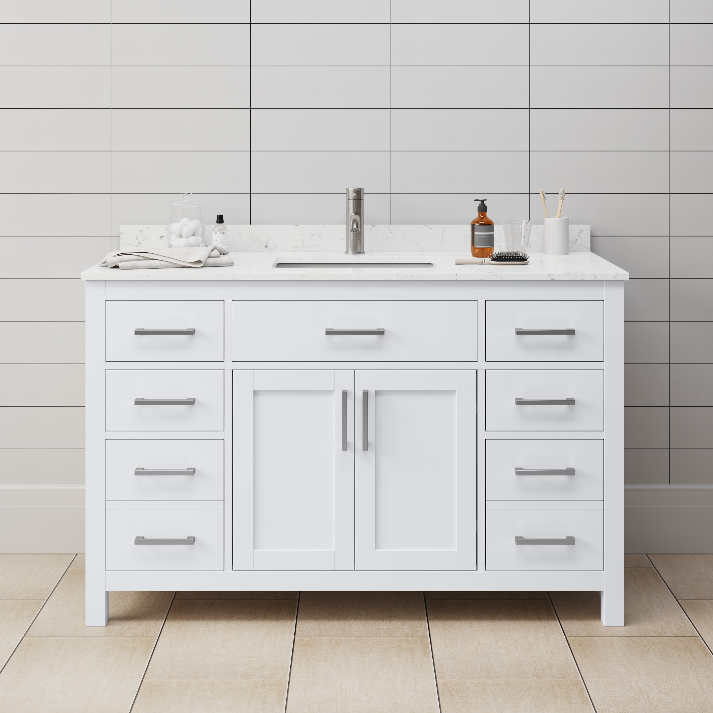 Wyndham Collection WCG242454SWHCCUNSMXX Beckett 54-in White with Brushed Nickel Trim Undermount Single sink Bathroom Vanity with Carrara Cultured Marble Cultured marble Top