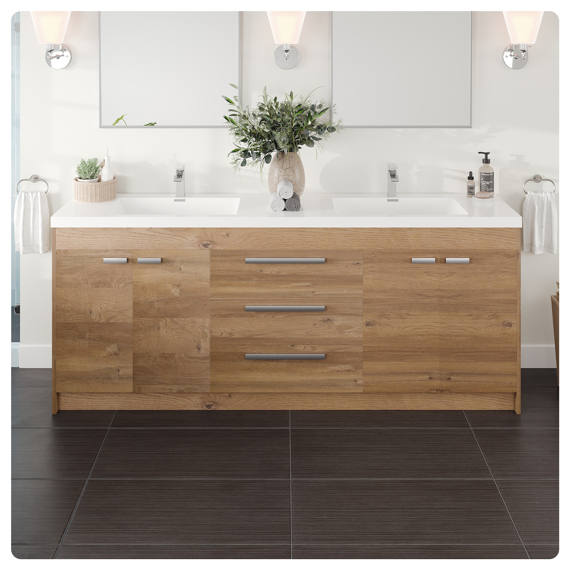 Eviva EVVN1900-8-84NOK Lugano 84-in Natural Oak Double Sink Bathroom Vanity with White Acrylic Top