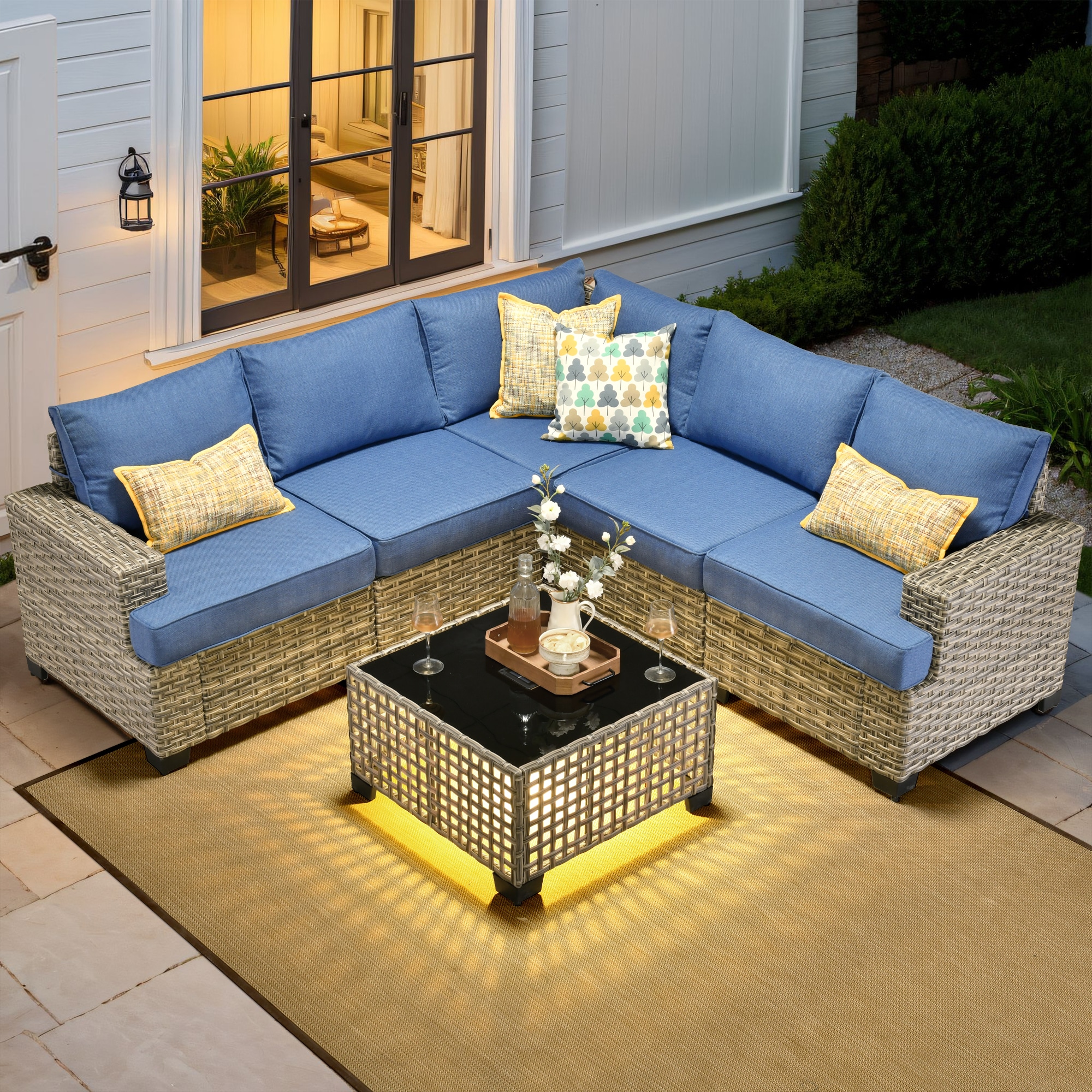 Ovios TS500 Wicker Outdoor Sectional with Blue Cushions and Iron Frame