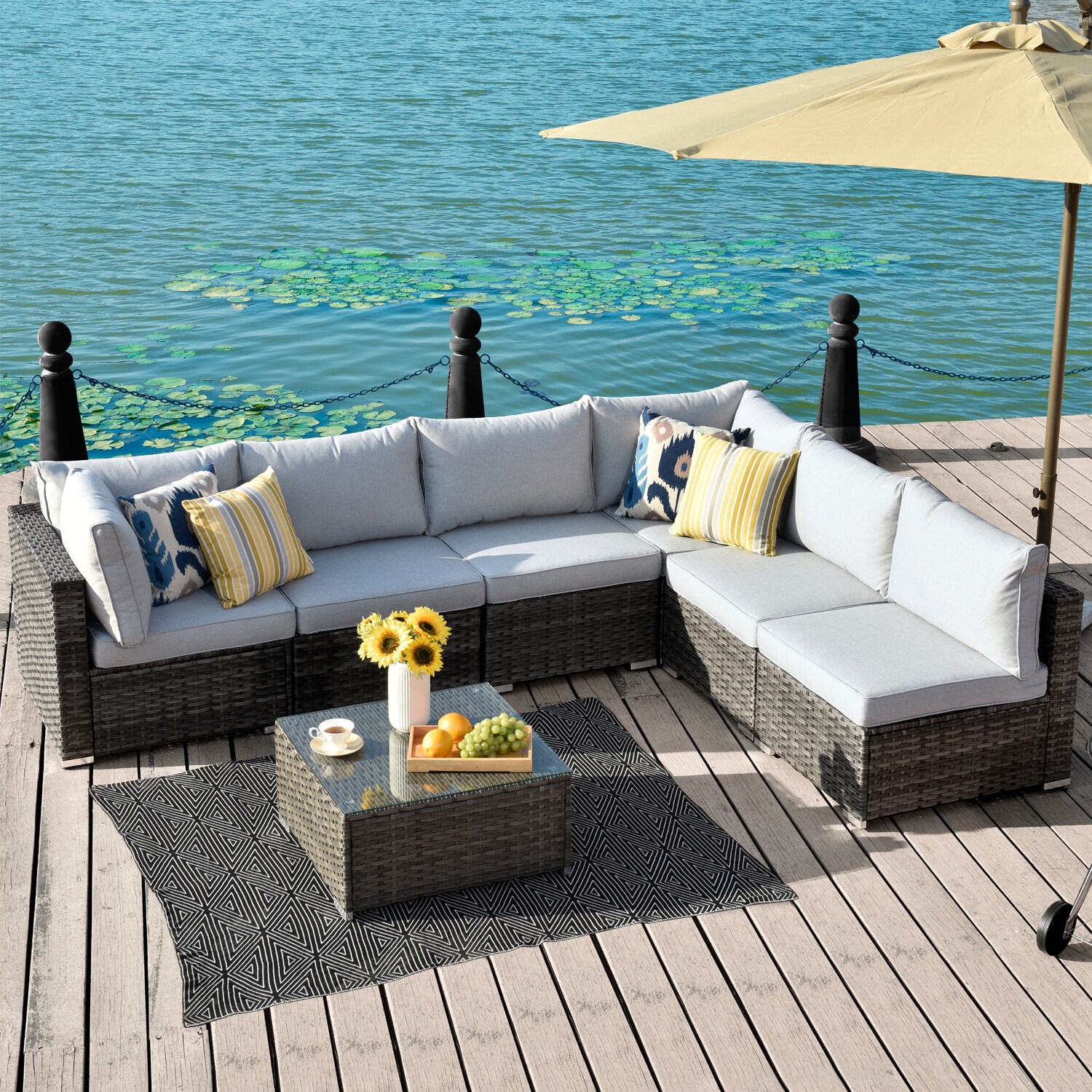 Pouuin Rattan Outdoor Sectional with Gray Cushions and Wicker Frame in ...