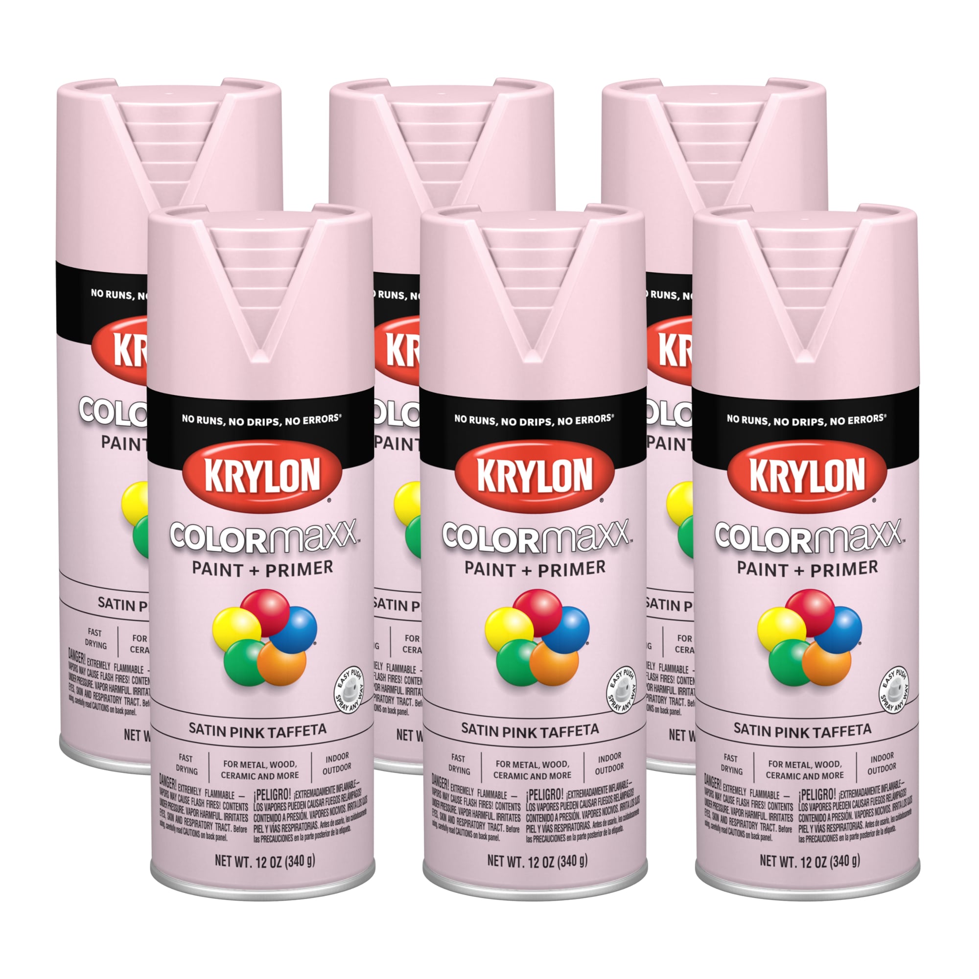 Krylon COLORmaxx Satin Pink Taffeta Acrylic Spray paint and primer in one ( NET WT. 12-oz ) 6 -Pack