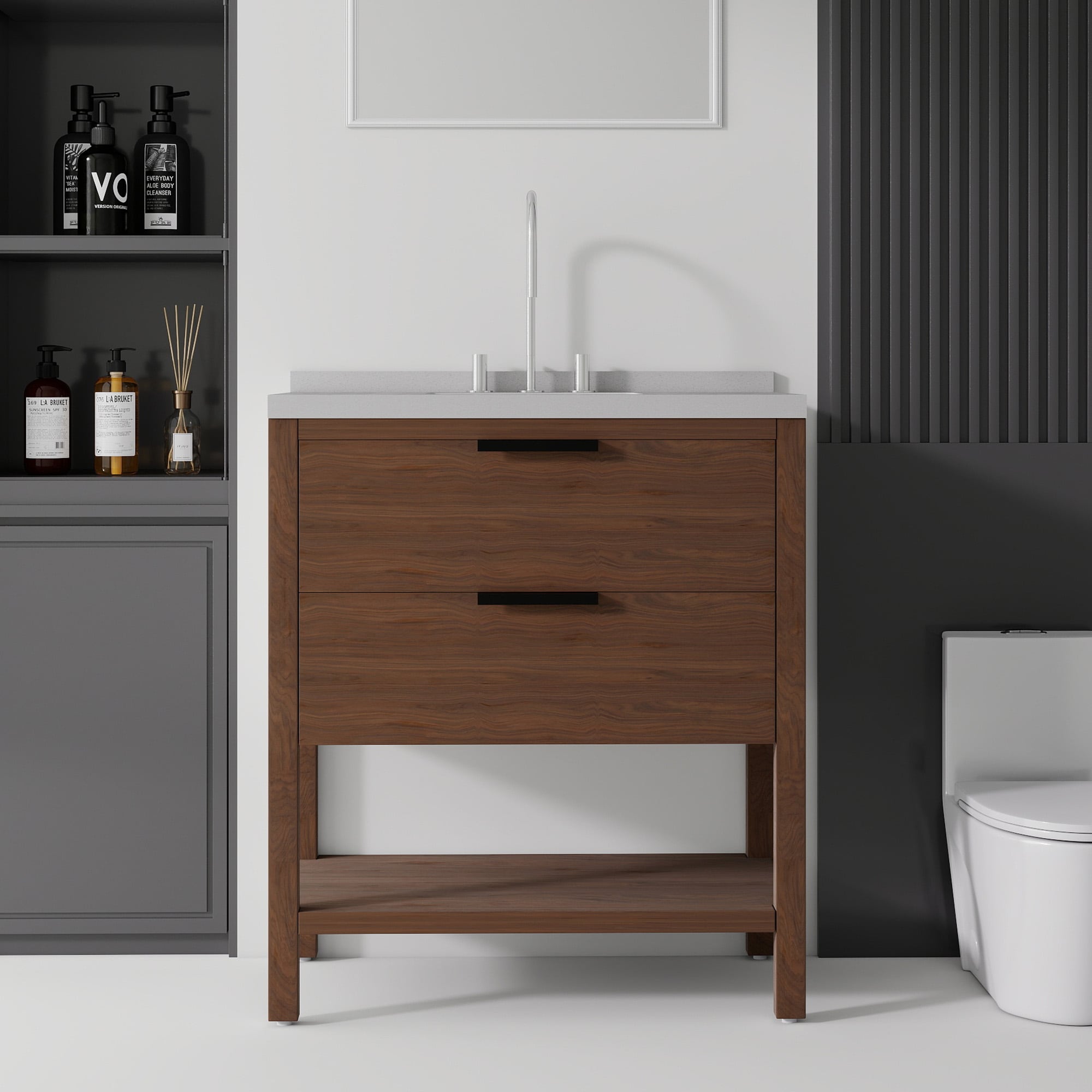 Vynxaria  36-in Brown Single Sink Freestanding Bathroom Vanity with 2-in Granite White Cultured Marble Top and Backsplash