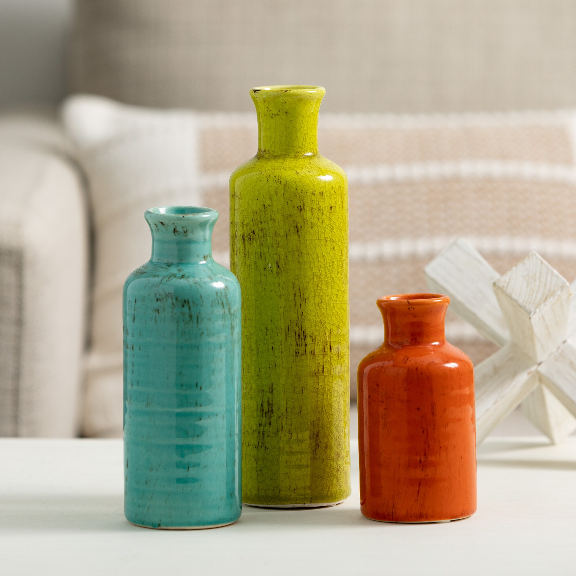 Sullivans Set of 3 Small Ceramic Bottle Vases 5-in H, 7.5-in H and 10-in H  Orange, Yellow and Teal in the Decorative Accessories department at