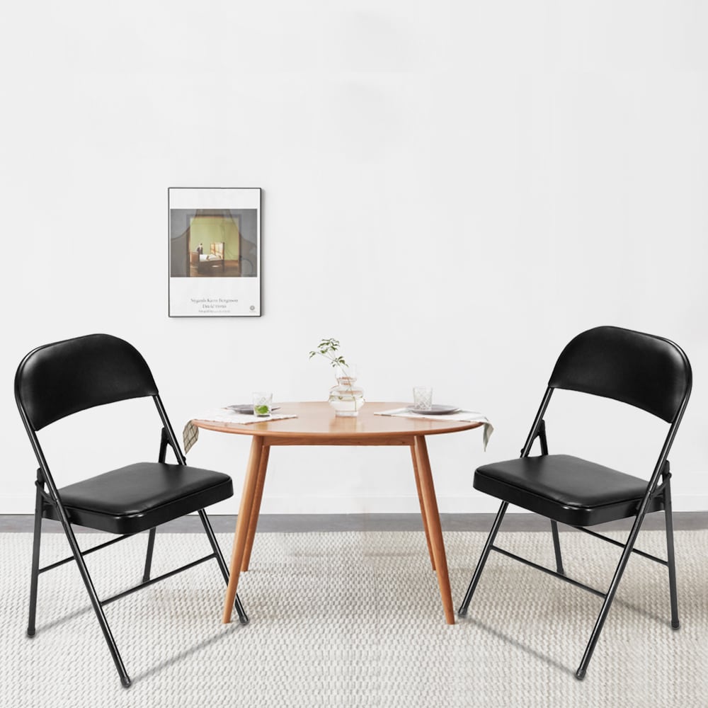 Black Steel Folding Dining Chairs with Padded Seats, Set of 4