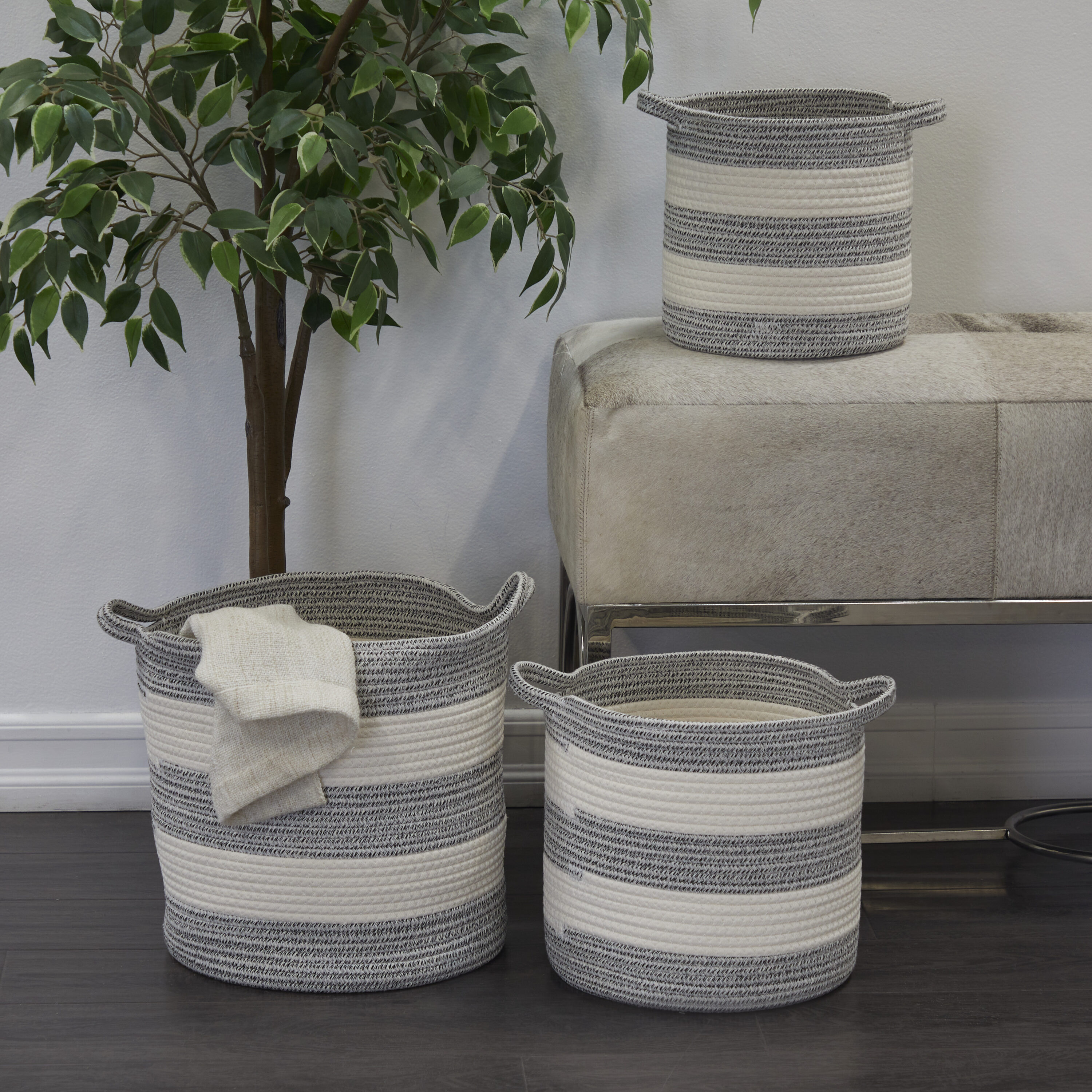 Grayson Lane 30263 3 -Pack ( 14-in W x 14-in H x 18.8-in D ) Gray Handmade Striped with Handles Cotton Stackable Basket