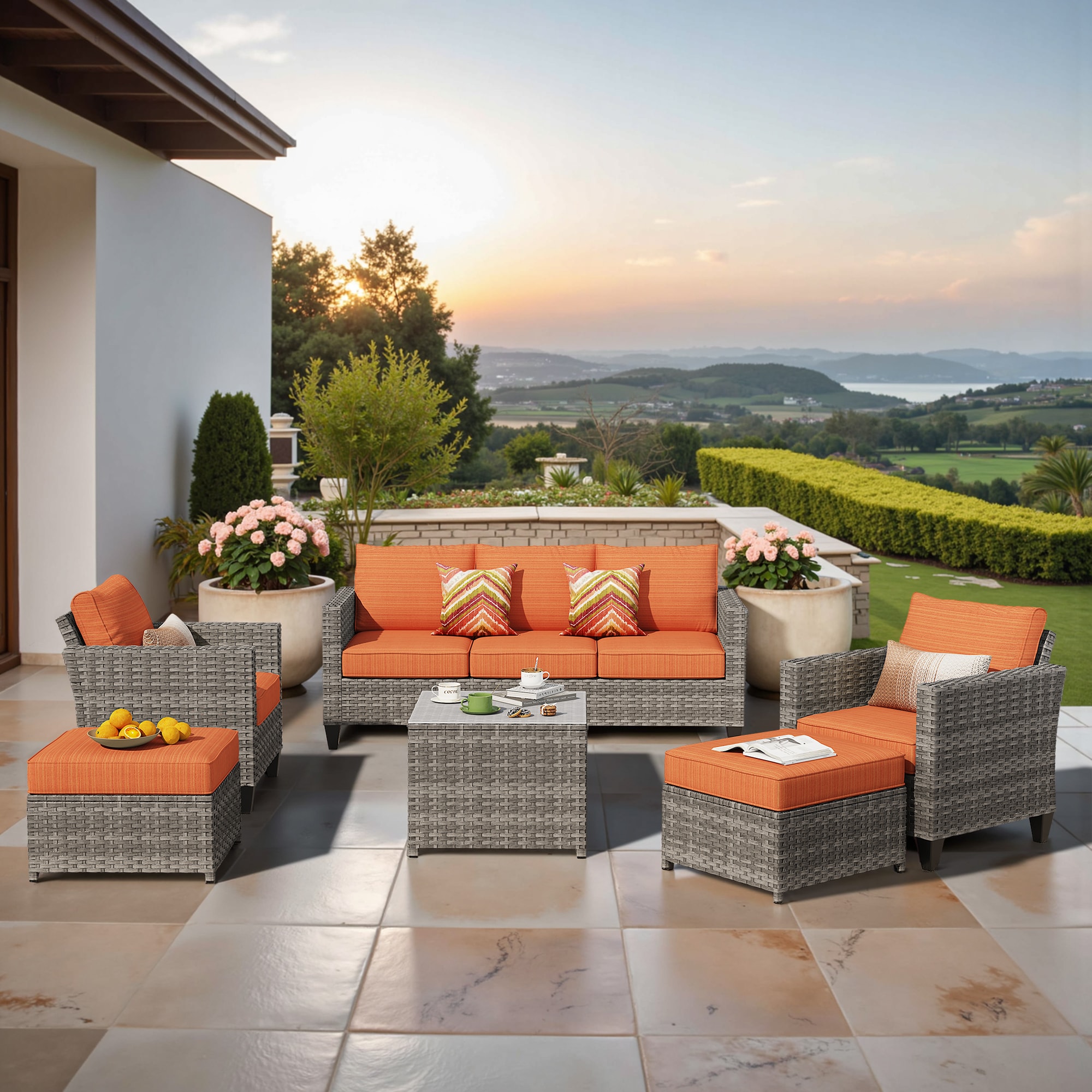 Pouuin SGR806 6 -Piece Wicker Patio Sofa Conversation Set with Orange Cushions