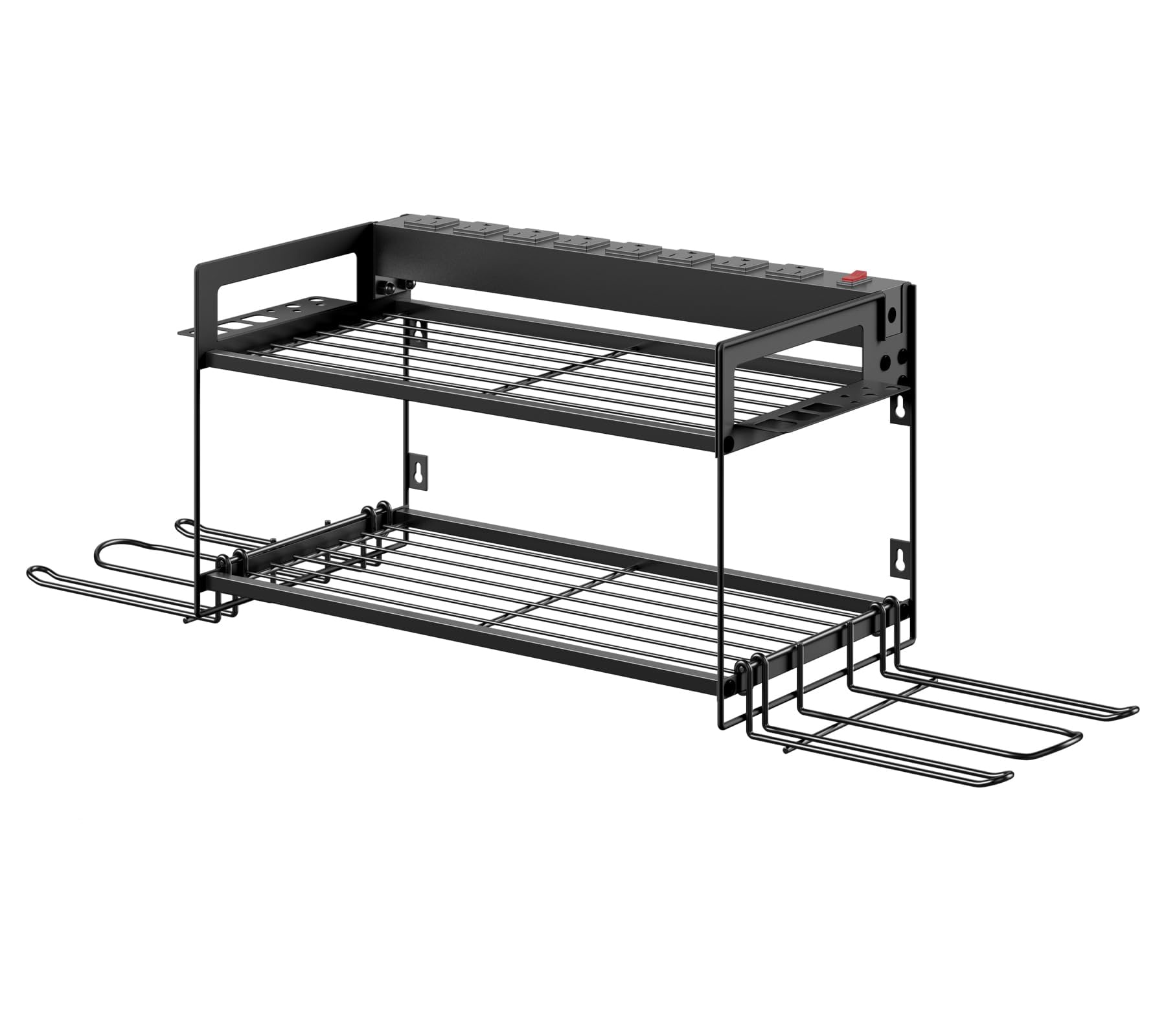 Etokfoks  Wall Mount Garage Tool Organizer Rack with 8 Outlet Power Strip 4 Drill Holders Double Steel Shelf and Built In Tool Storage Holes