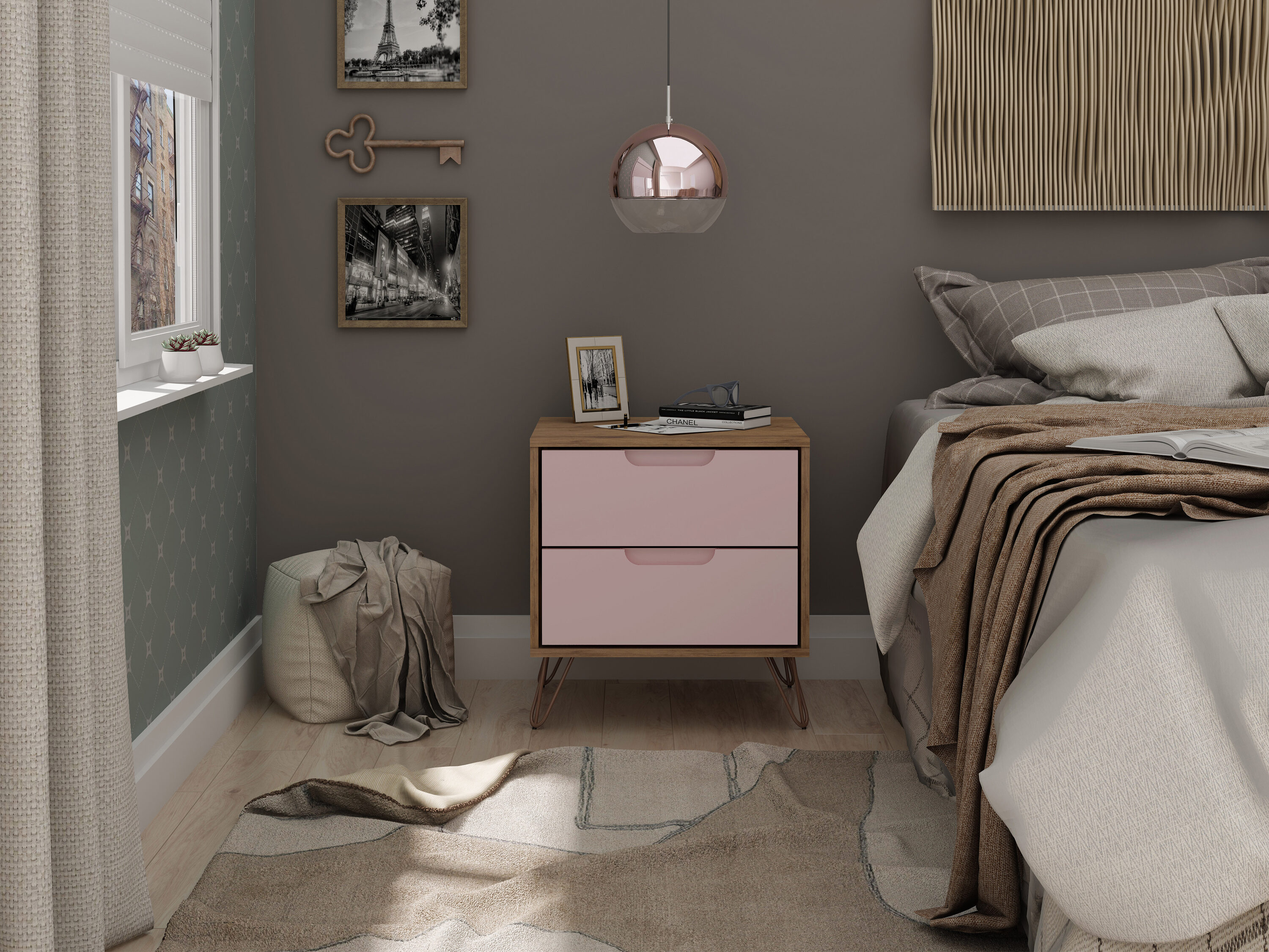 Manhattan Comfort 102GMC6 Rockefeller Nature and Rose Pink Nightstand
