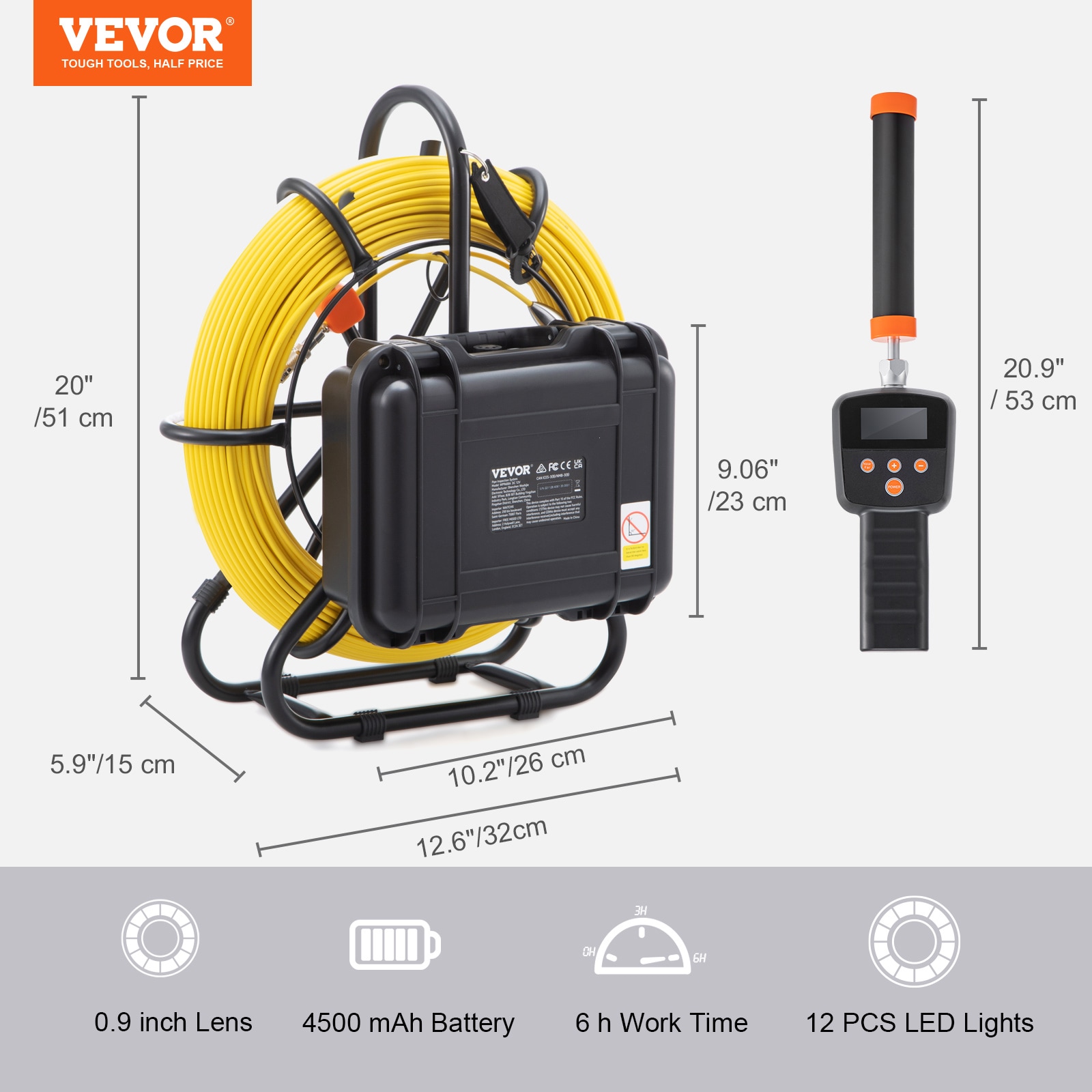 VEVOR Sewer Camera with 512-Hz Locator, 165 ft/50 m, 9-in Pipeline Inspection  Camera w/DVR Function, IP68 Camera w/12 Adjustable LEDs, A 16 GB SD Card  for Sewer Line, Home, Duct Drain Pipe