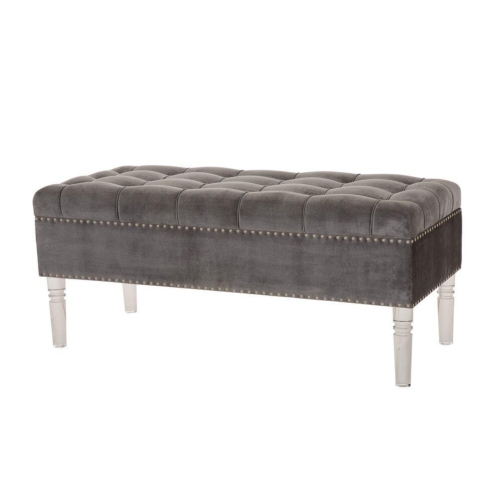 Modern Gray Entryway Bench with Shoe Storage Velvet Upholstered with Gold Frame and Shel