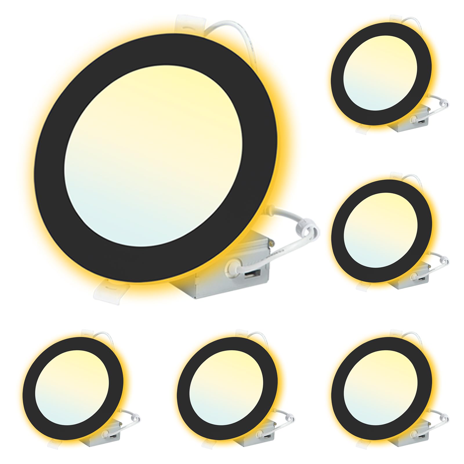 Anqtovp  6 Pack Black Recessed Lighting with Night Light 6 Inch 2700K 3000K 3500K 4000K 5000K Selectable Canless Wafer Light 12W 120V 1100LM