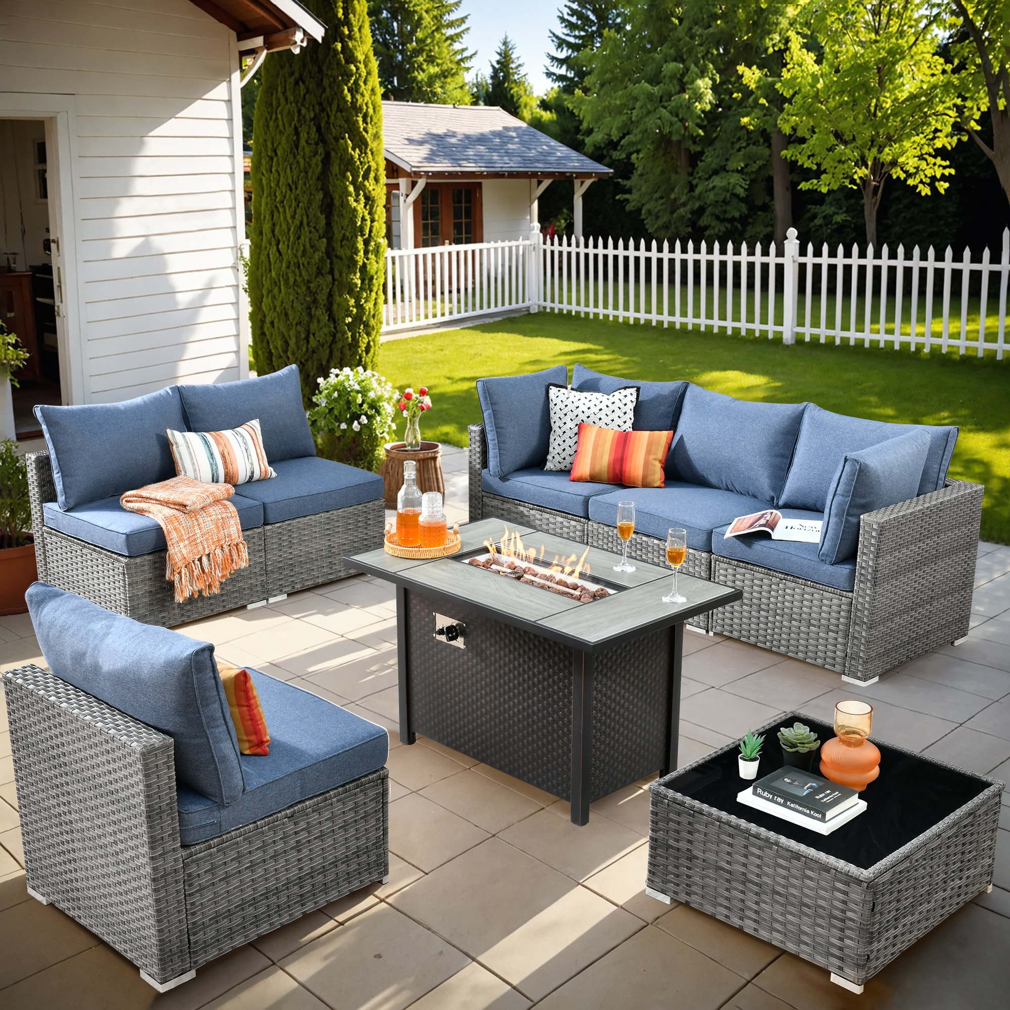 Pouuin SYZHOP305 Wicker Outdoor Sectional with Blue Cushions and Wicker Frame