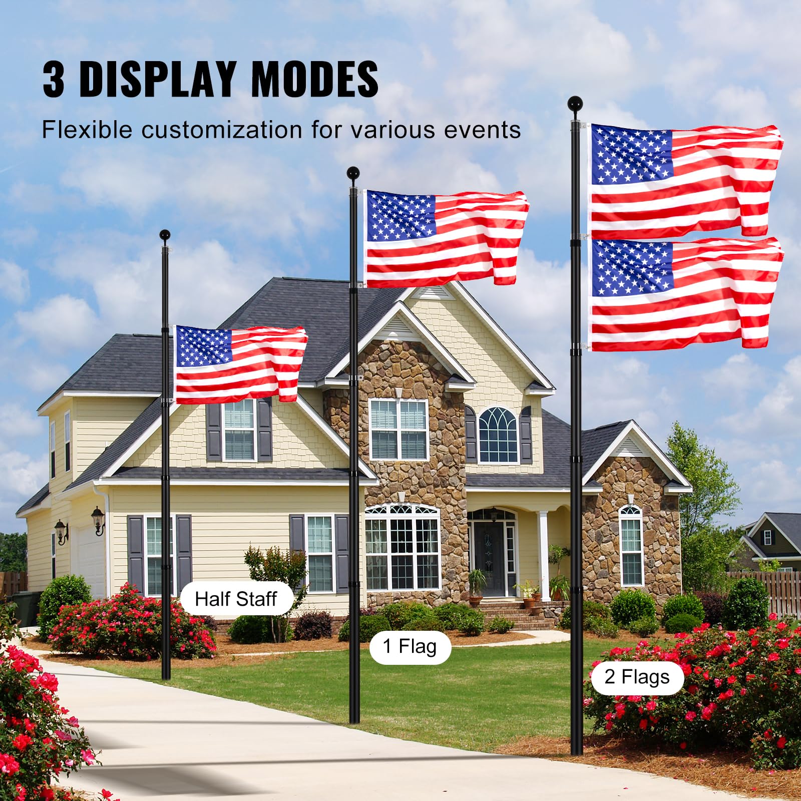 Wudkey Black 20FT Telescoping Flag Pole Kit with 3x5 Flag Heavy Duty ...