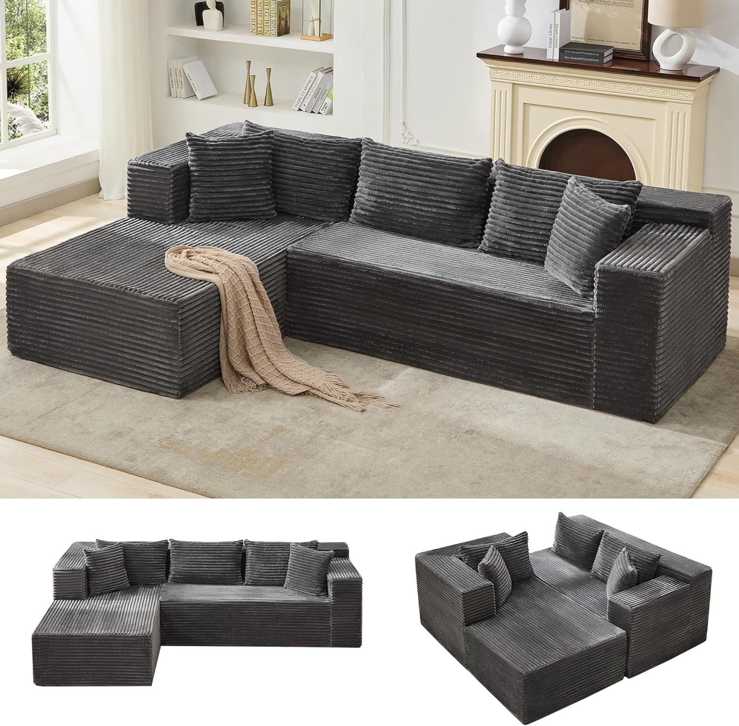 Qeetex 1 Polyurethane Left Facing Full Compression Sofa 105.7 by 68.8 by 24.4 inches 25mm Ultra wide Wale Corduroy Gray