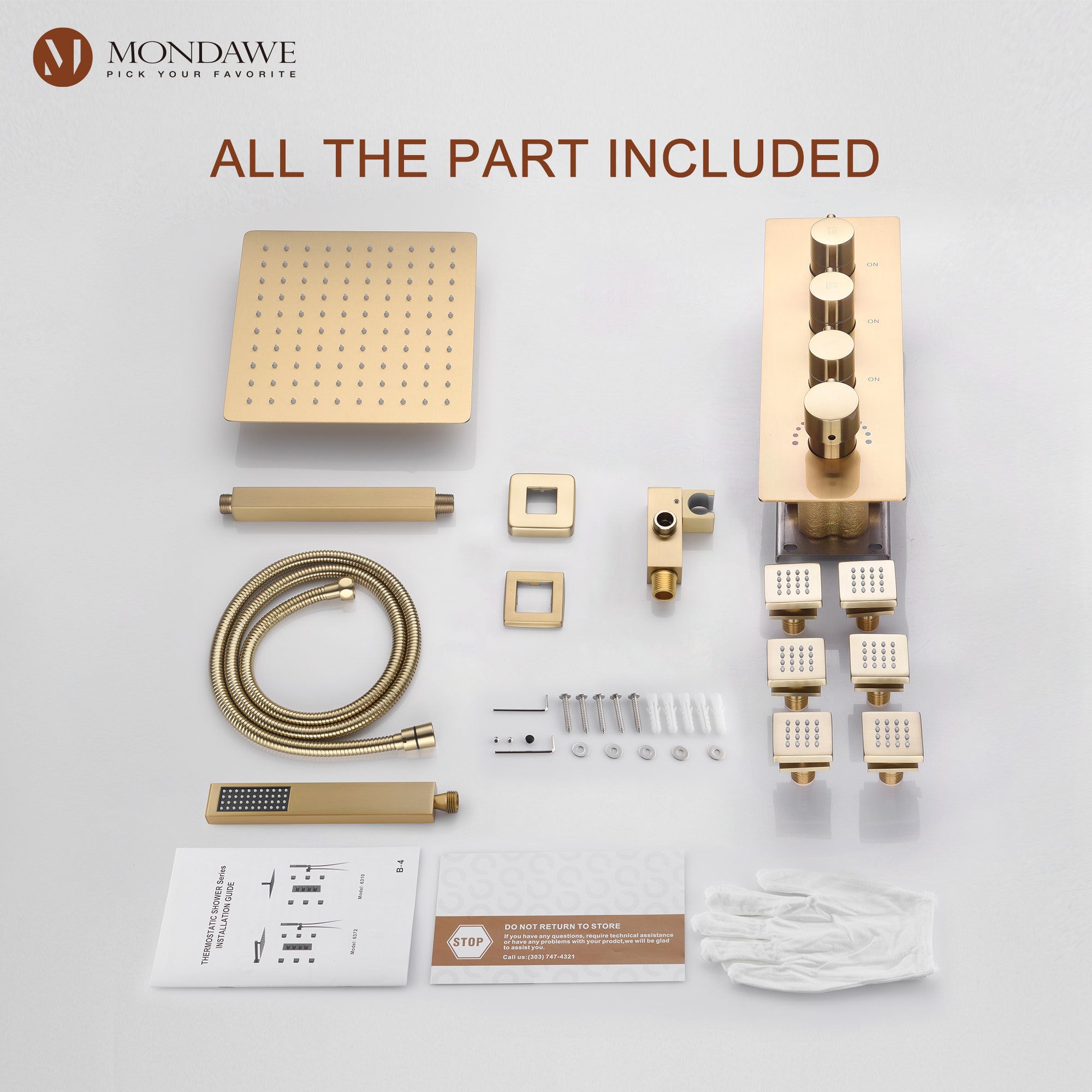 Brushed Gold 12" Stainless Steel Ceiling Mounted Shower System with 6 Body Jets