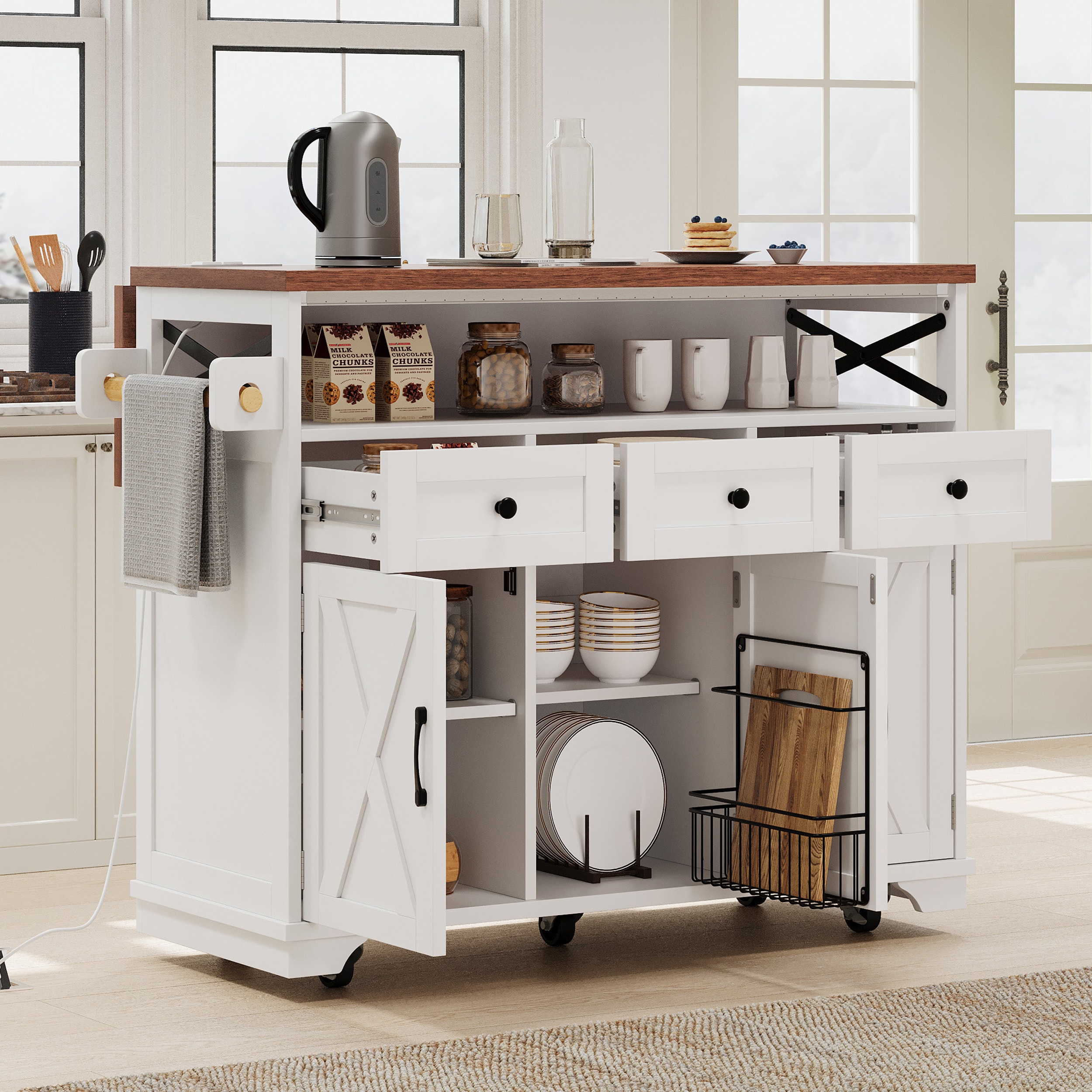 LOVMOR SF-R-N707P254872W 46.5'' Farmhouse Kitchen Island with Drape of Beads Power Outlet Rolling Kitchen Cart on Wheels with Drop Leaf 3 Doors  3 Drawers and Internal Iron Shelf for Kitchen Dining Room White