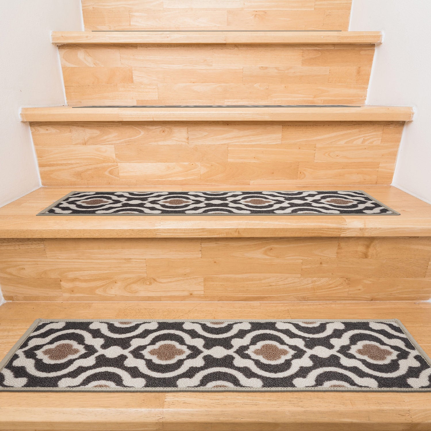 Gray and Beige Nylon Moroccan Trellis Non-Slip Stair Treads Set of 4