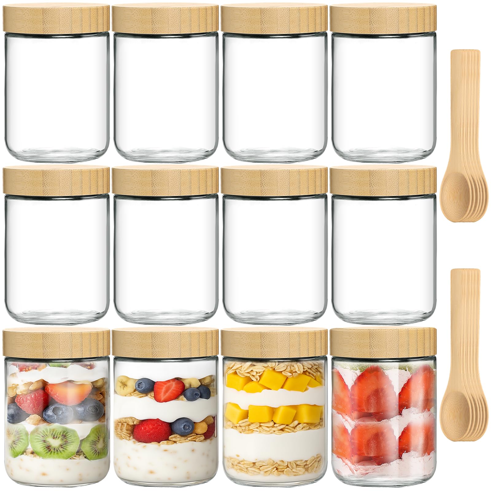 DHMHD  12 Pack 16oz Glass Jars with Bamboo Lids and Spoons Airtight Containers for Overnight Oats Salad Yogurt Snacks and Meal Prep