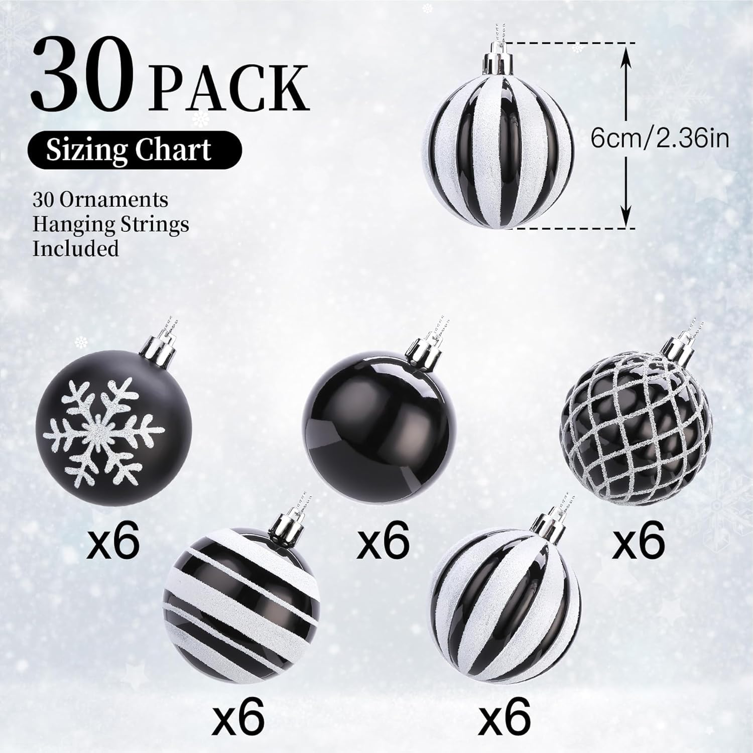 Shareconn 30-Count 2.36 Inch Shatterproof Plastic Christmas Ball Ornaments in Black and White with Glitter and Baroque Styles for Tree Garland and Party Decor