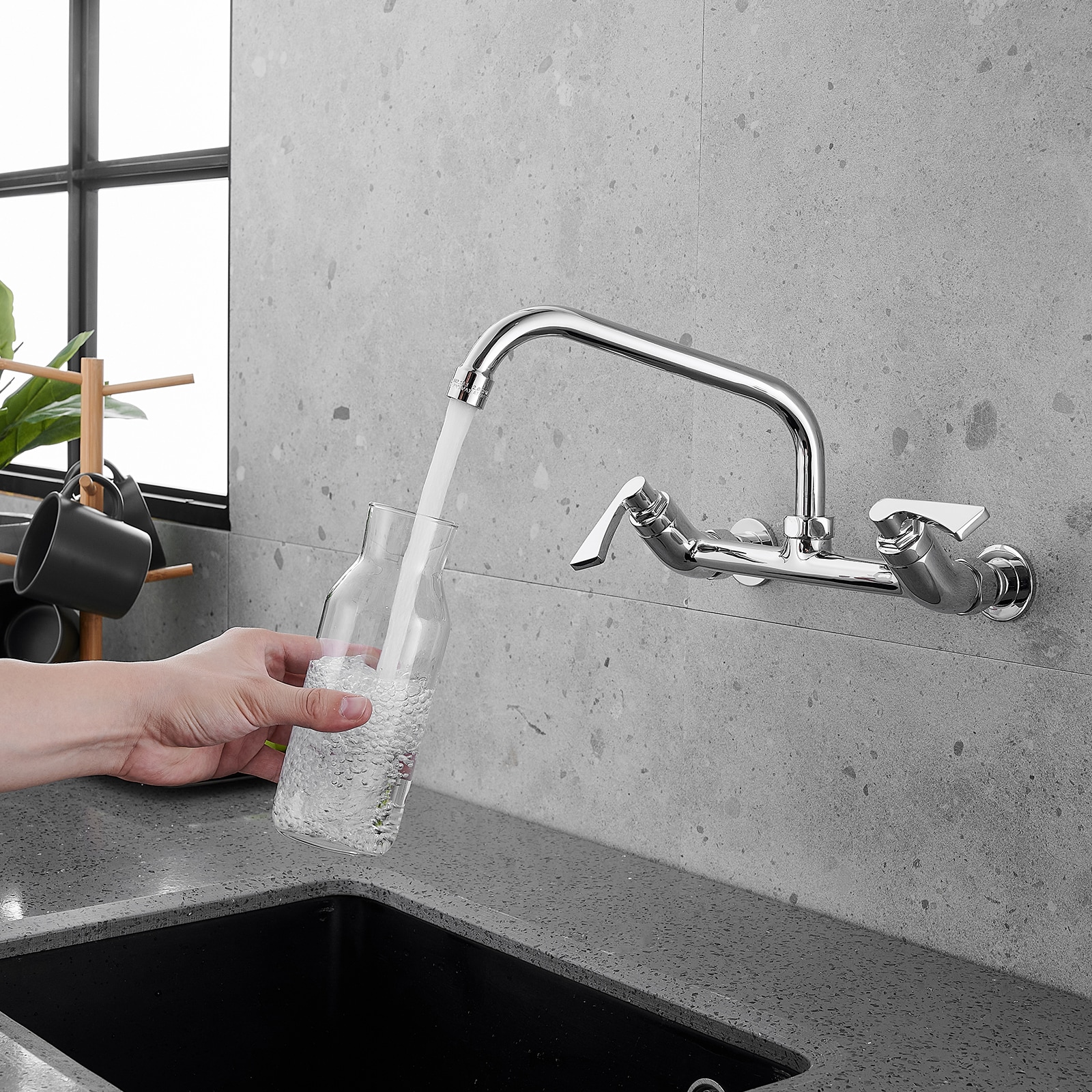 Chrome Double Handle Wall-Mount Kitchen Faucet with Swivel Spout