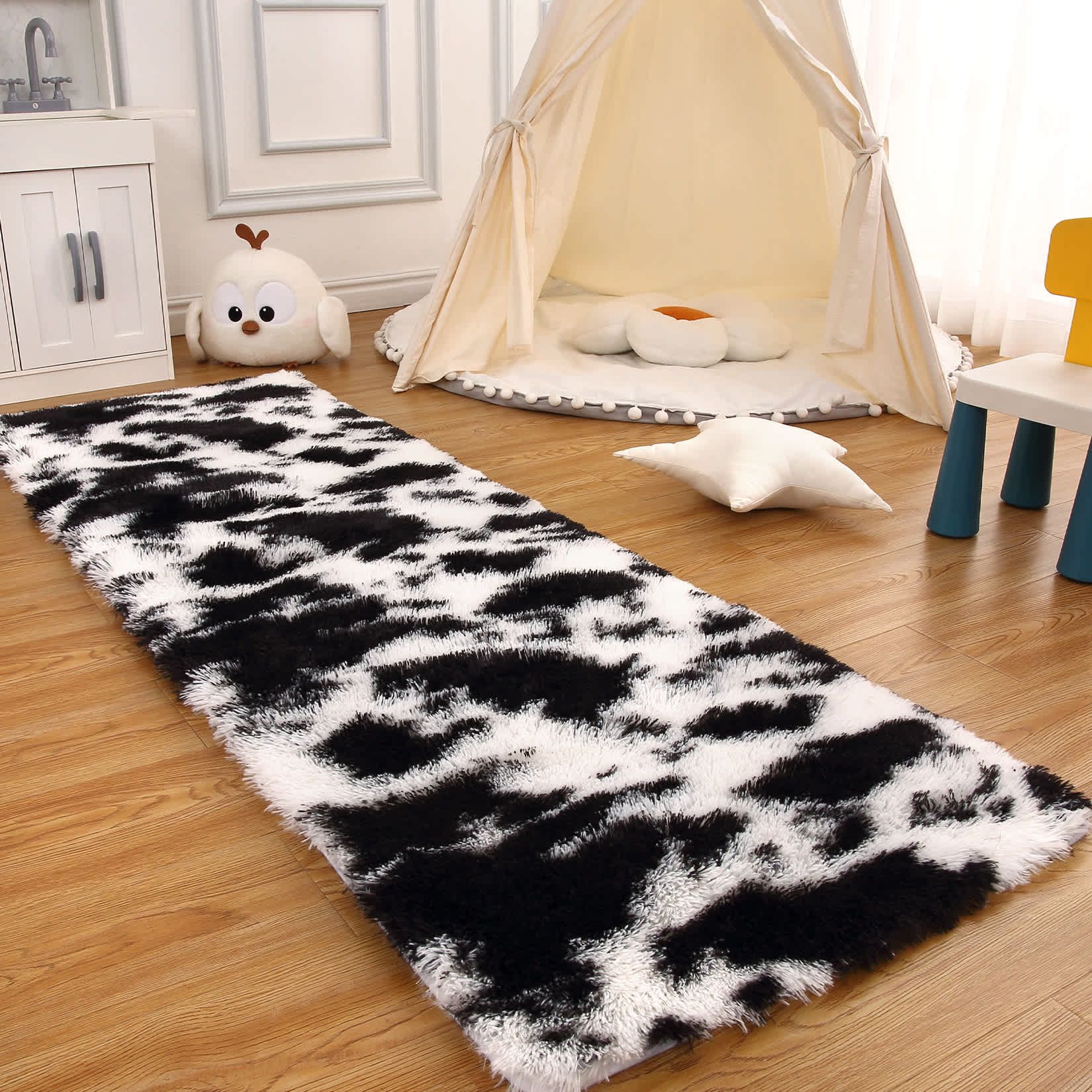 Qeetex LSN-PHO-0ZCWU3U7 2 x 6 ft Polyester High Elastic Cotton Black White Rectangular Hallway Bathroom Entryway Kitchen Office Foldable Tie-dye Printed Modern Washable Area Rug