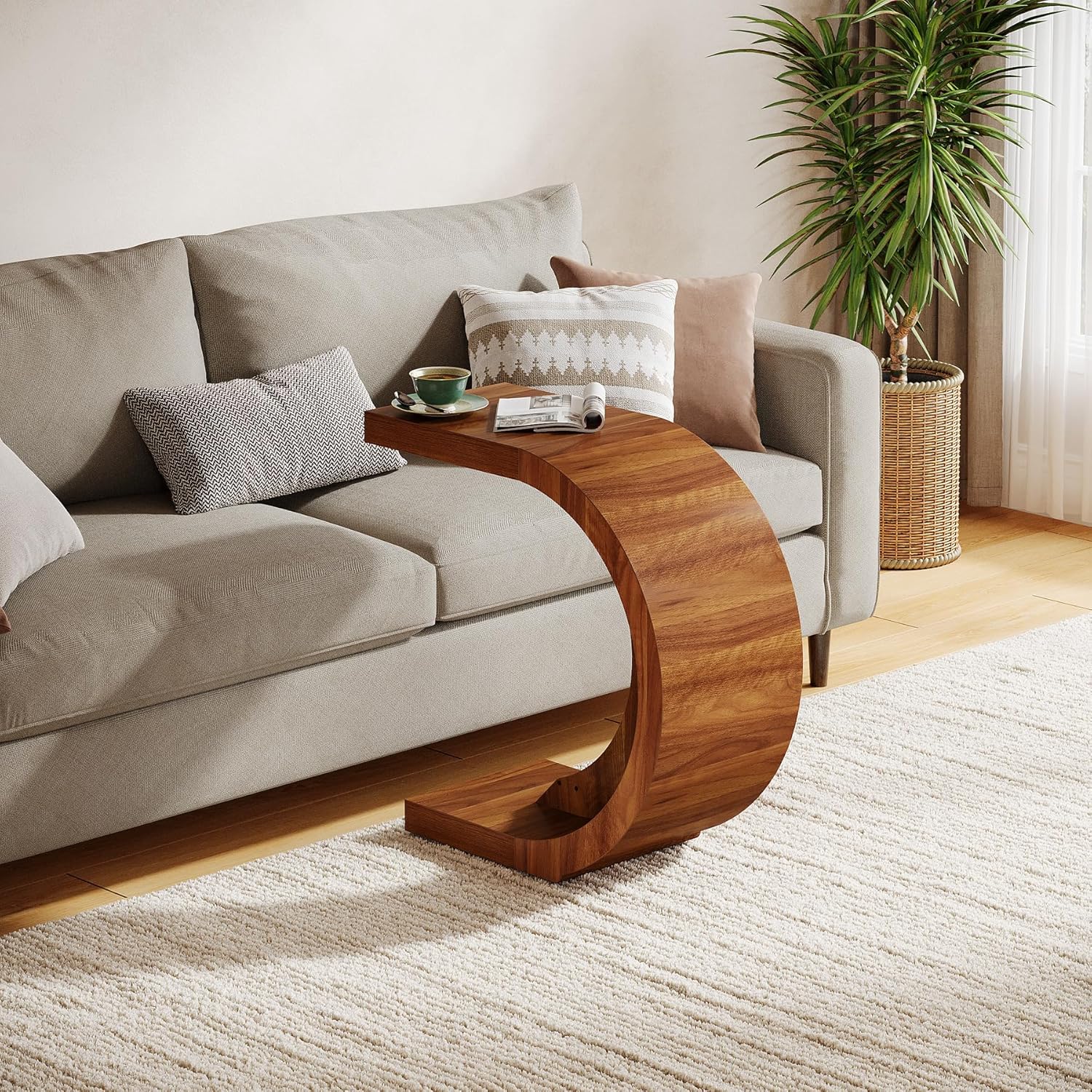 25.6 L x 25.6 H Walnut C Shaped End Table for Couch Small Space Living Room and Bedroom Easy Assembly